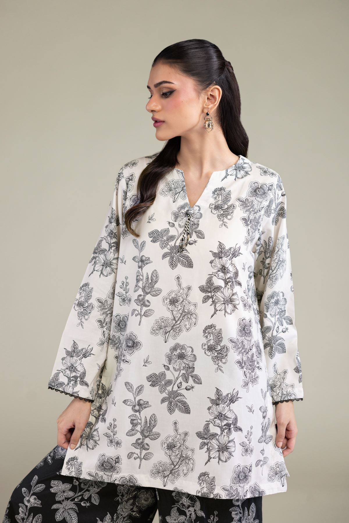 Printed Cotton Viscose Floral V-Neck Kurta - T-A11-26-114FD1-VG
