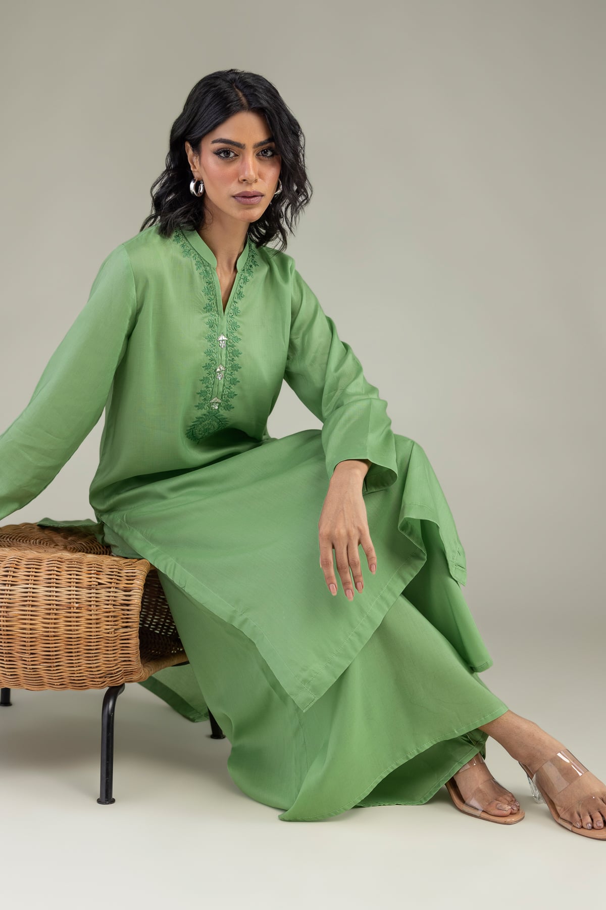 Embroidered Lyocell Green Lyocell Kurta - 8-26-208-A-A1-VG