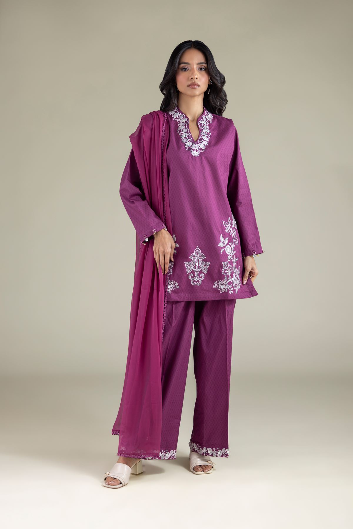 Embroidered Cotton Dobby Relaxed Floral Pants - 1-26-111-A-G-VG