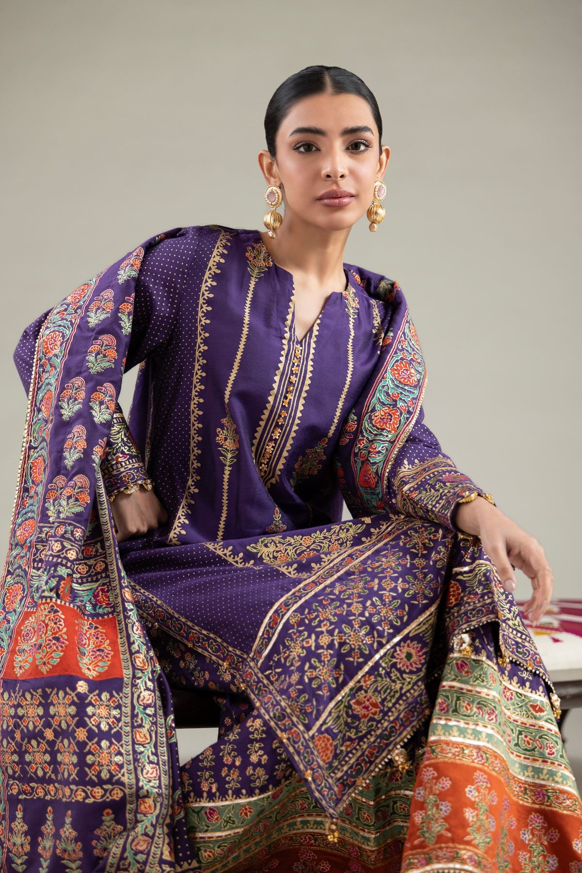 Printed Raw Silk 3 Piece Co-ord Set - 2-26-101-A-D-VG