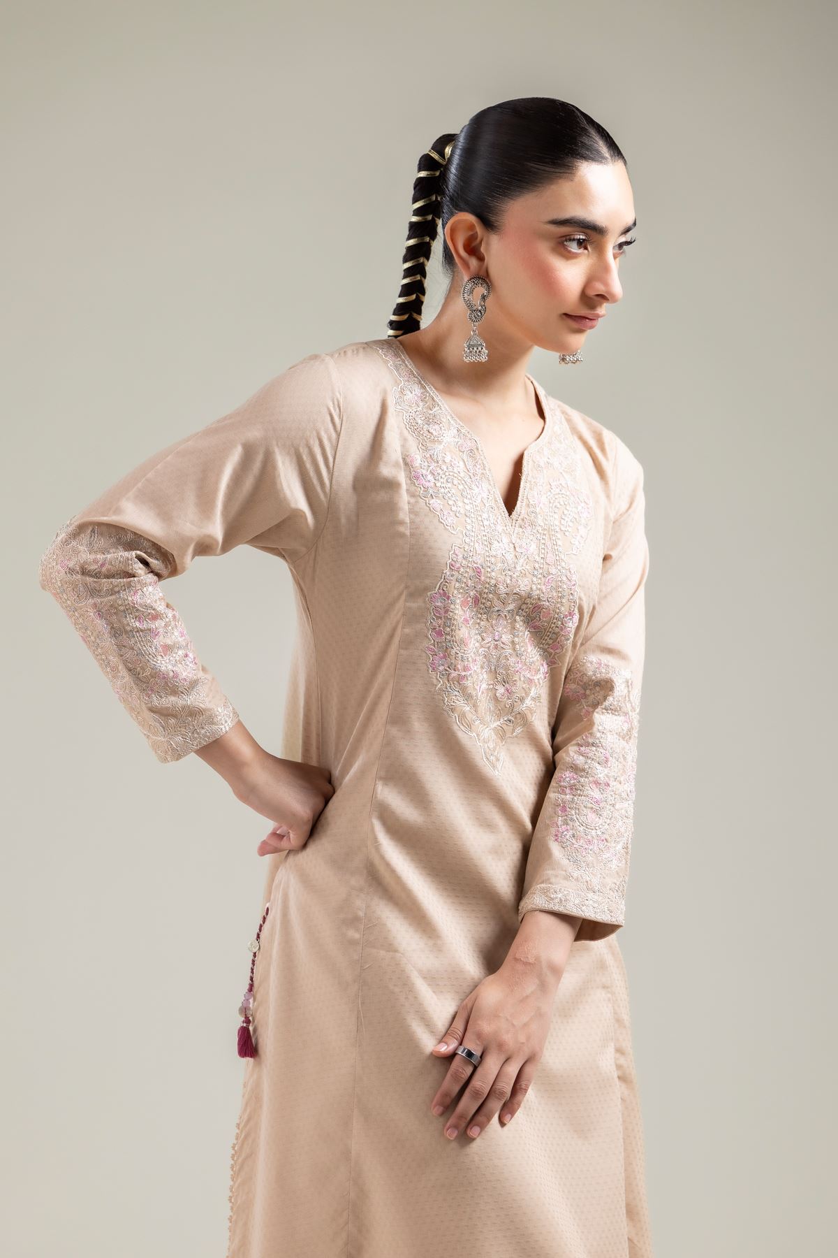 Embroidered Cotton Dobby Beige Embroidered Kurta - 2-26-107-A-F-VG