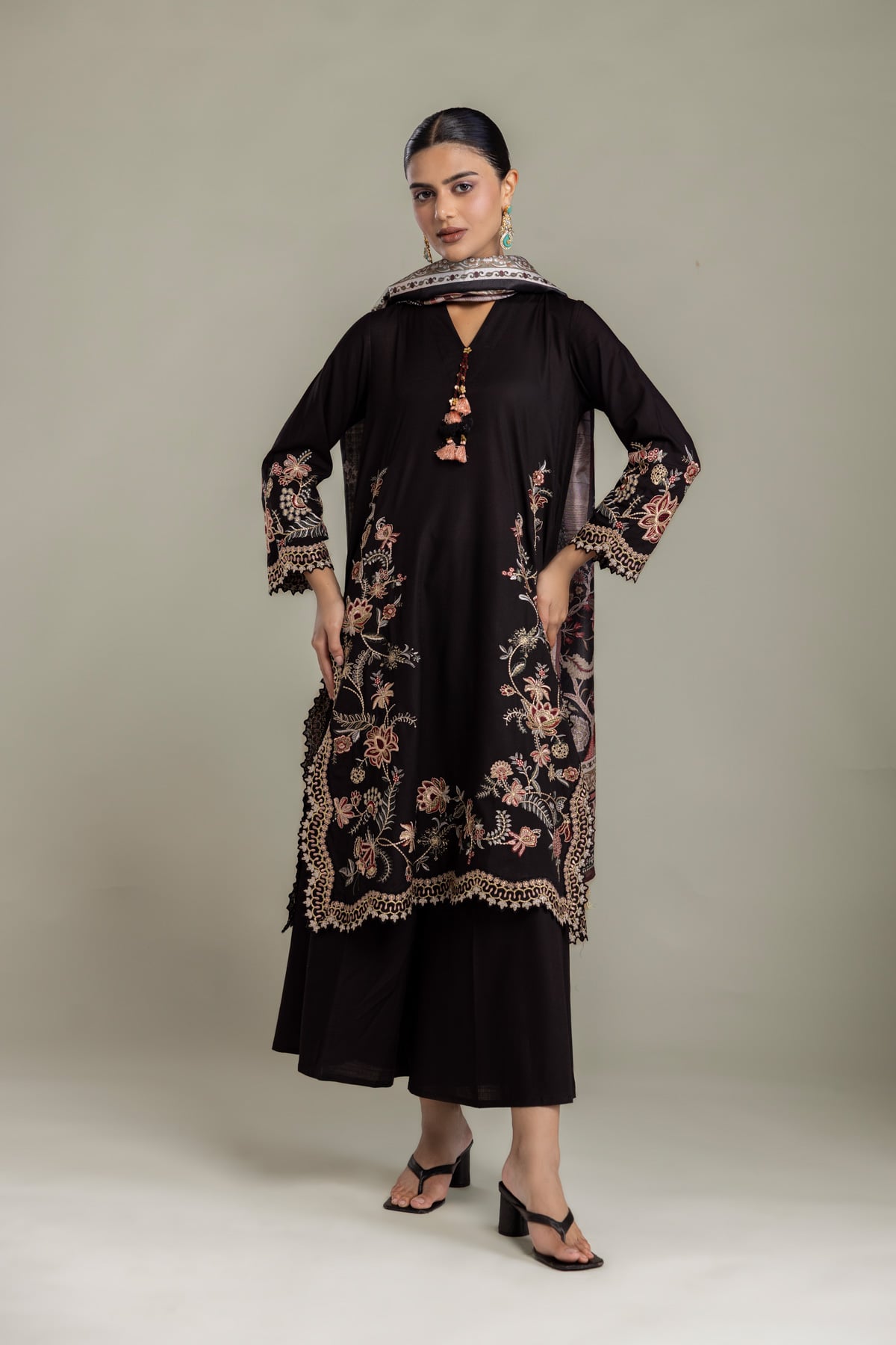 Embroidered Raw Silk Floral Black Kurta - 2-26-202-A-D-VG