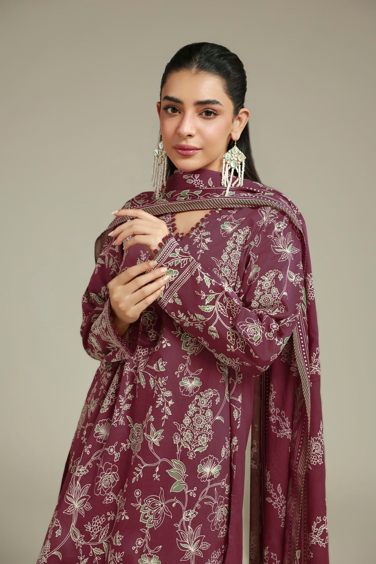 Printed Cambric Tailored Maroon Set - T-A22-26-123FF2-VG