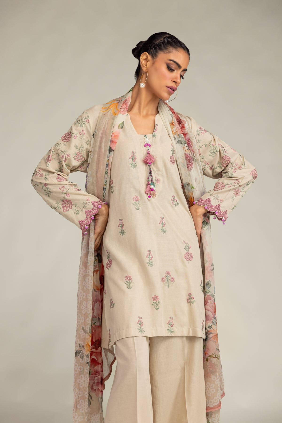Embroidered Raw Silk Floral Beige Kurta - 1-26-322-B-A1-VG