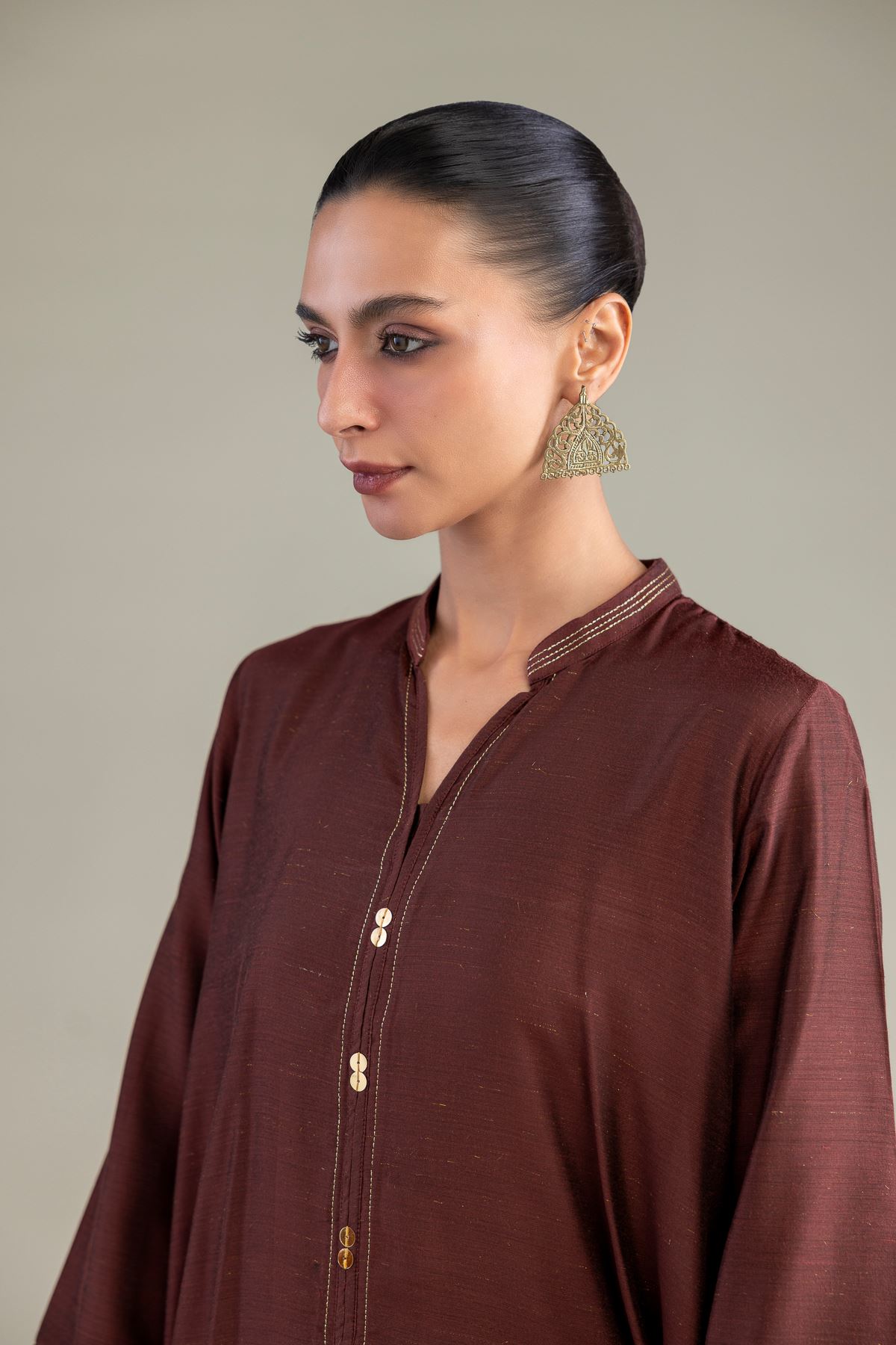 Dyed Mesuri Silk Brown V-Neck Kurta - 1-26-322-B-A1-VG
