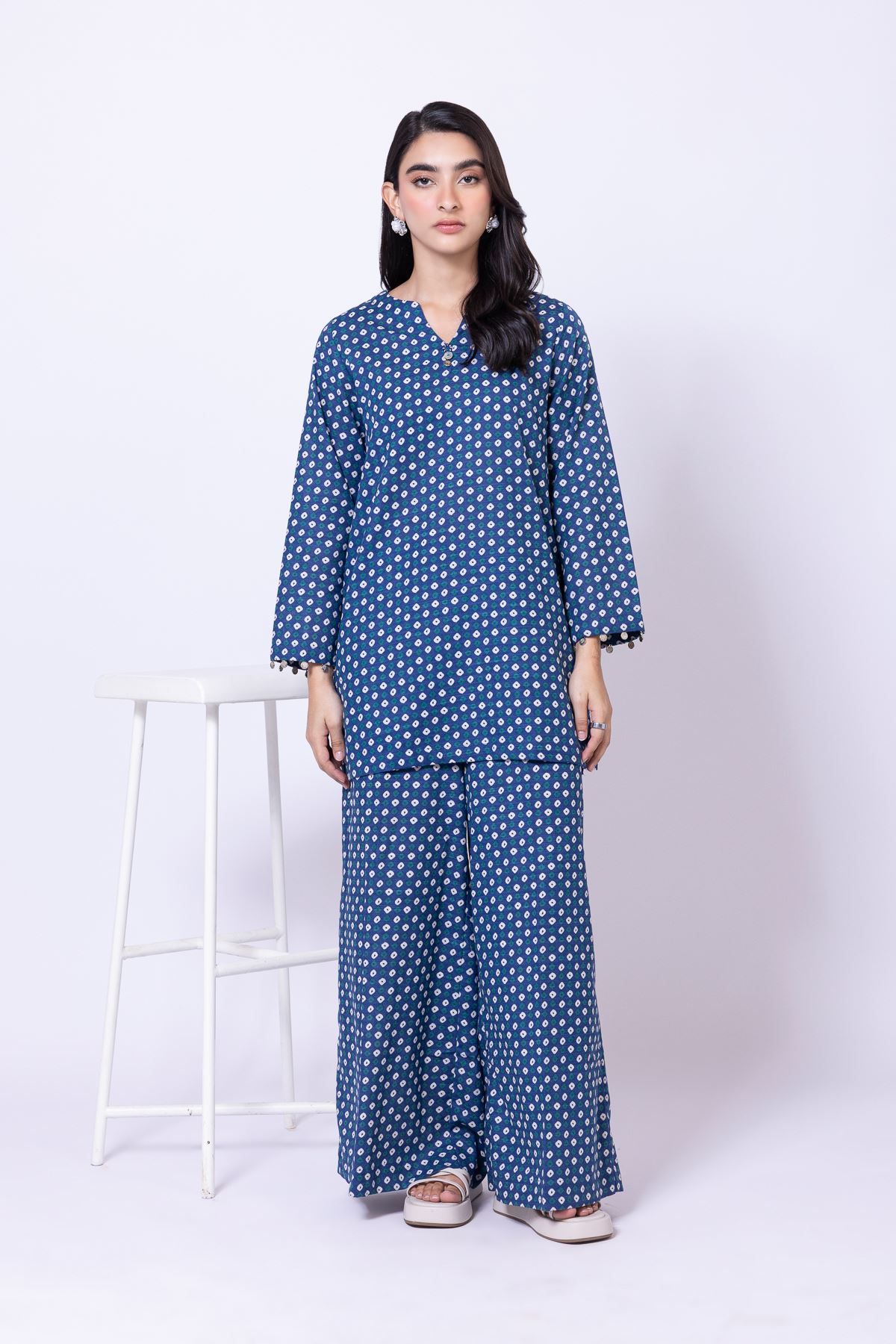 Printed Khaddar Relaxed Geometric Pants - 25-10-12E10-08TA-VG