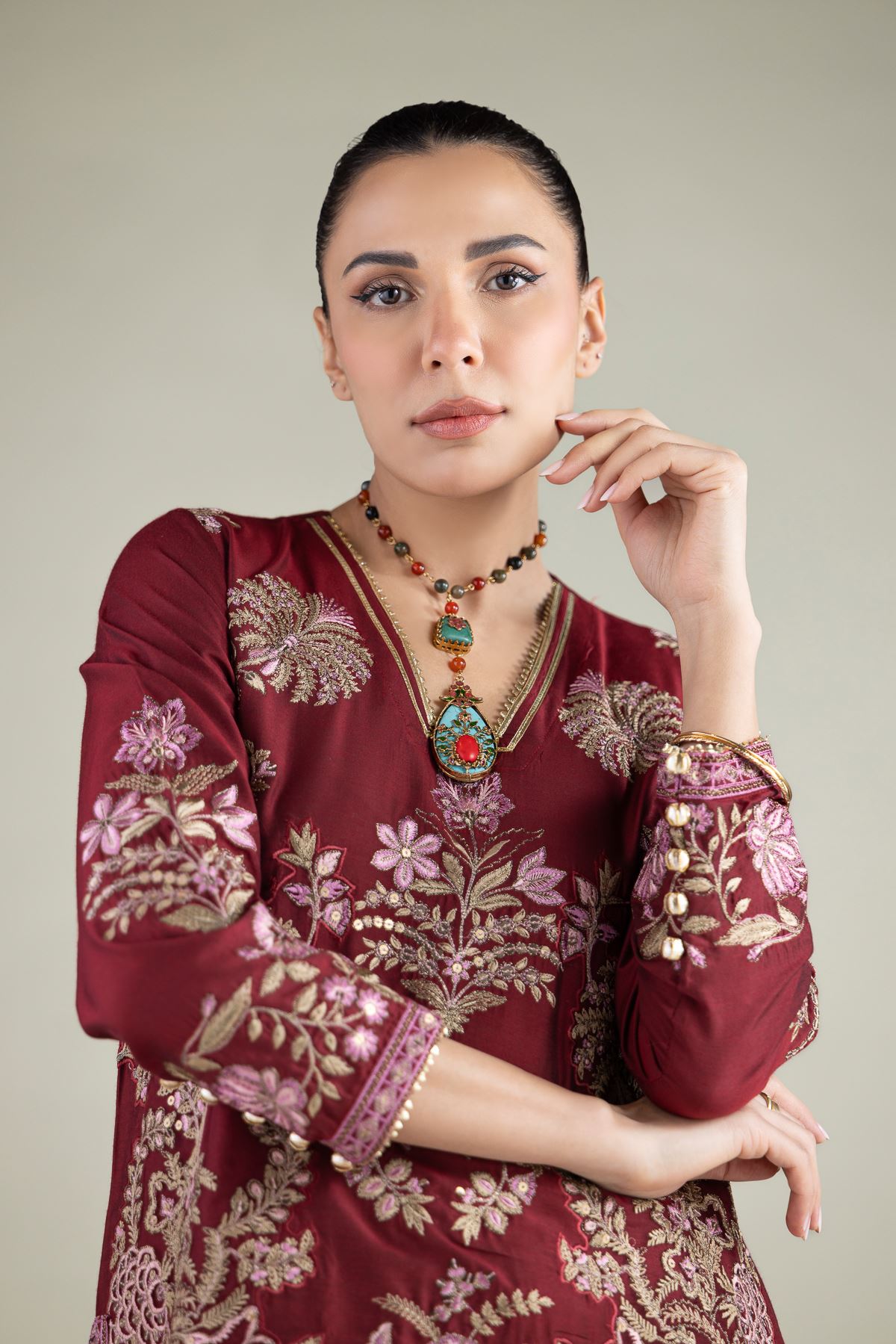 Embroidered Raw Silk Floral V-Neck Kurta - 2-26-105-A-E-VG