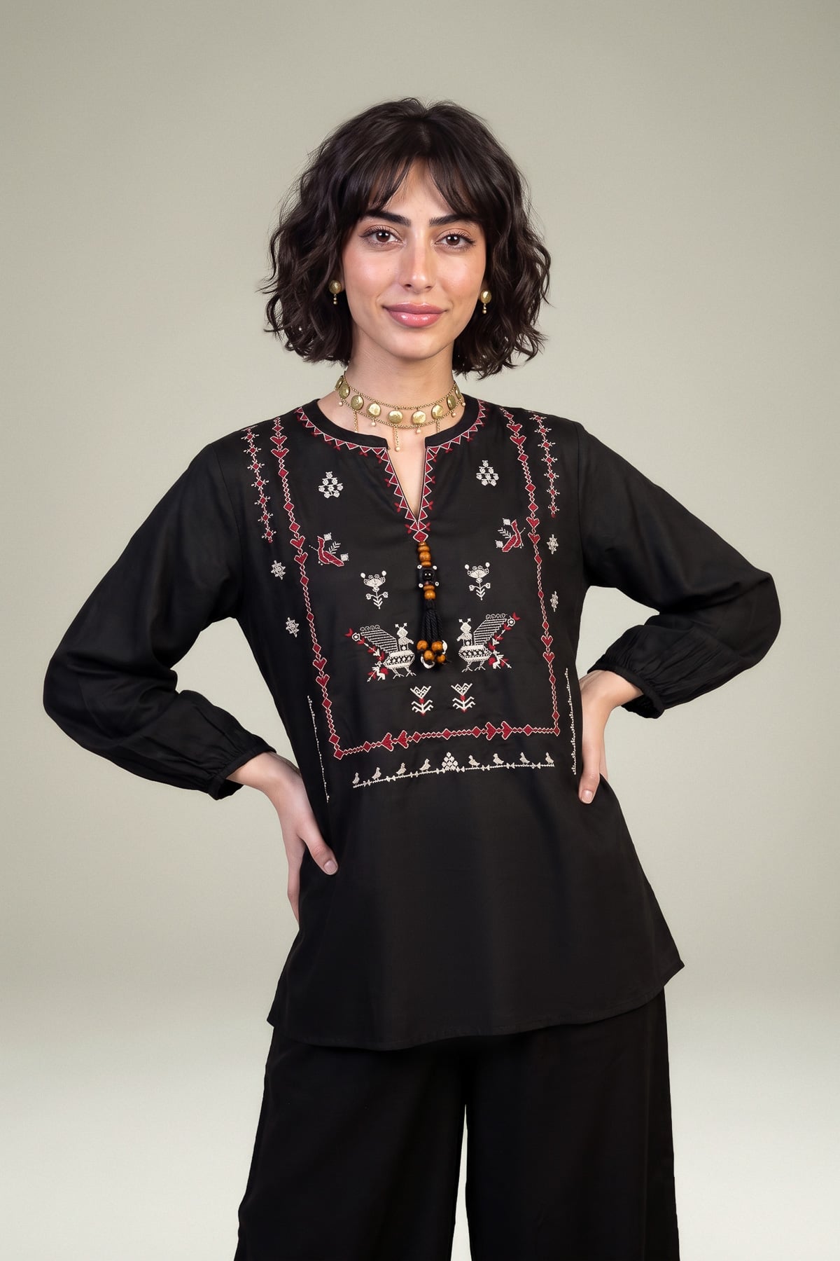 Embroidered Viscose Crepe Black V-Neck Blouse - 1-26-309-B-D1-VG