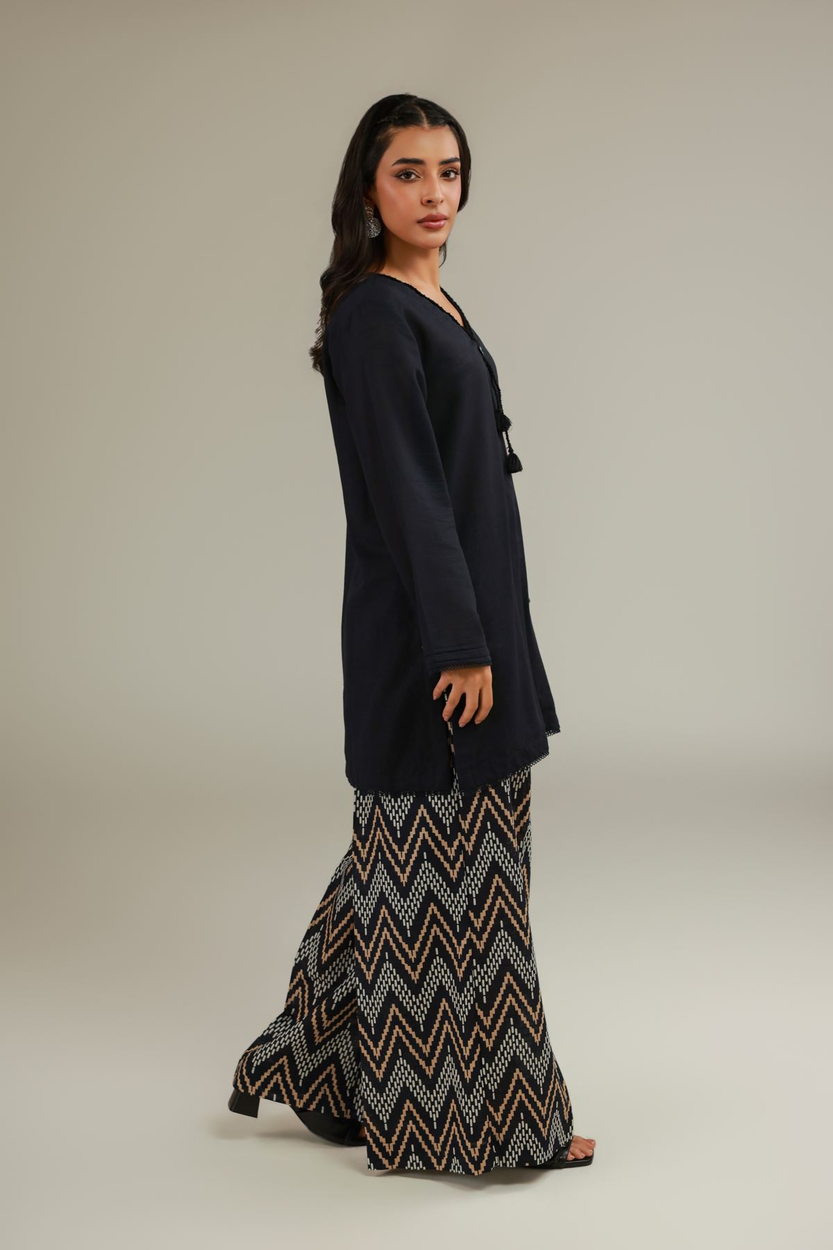 Printed Textured Cotton Black Wide Pants - 25-09-11E10-01TB-VG
