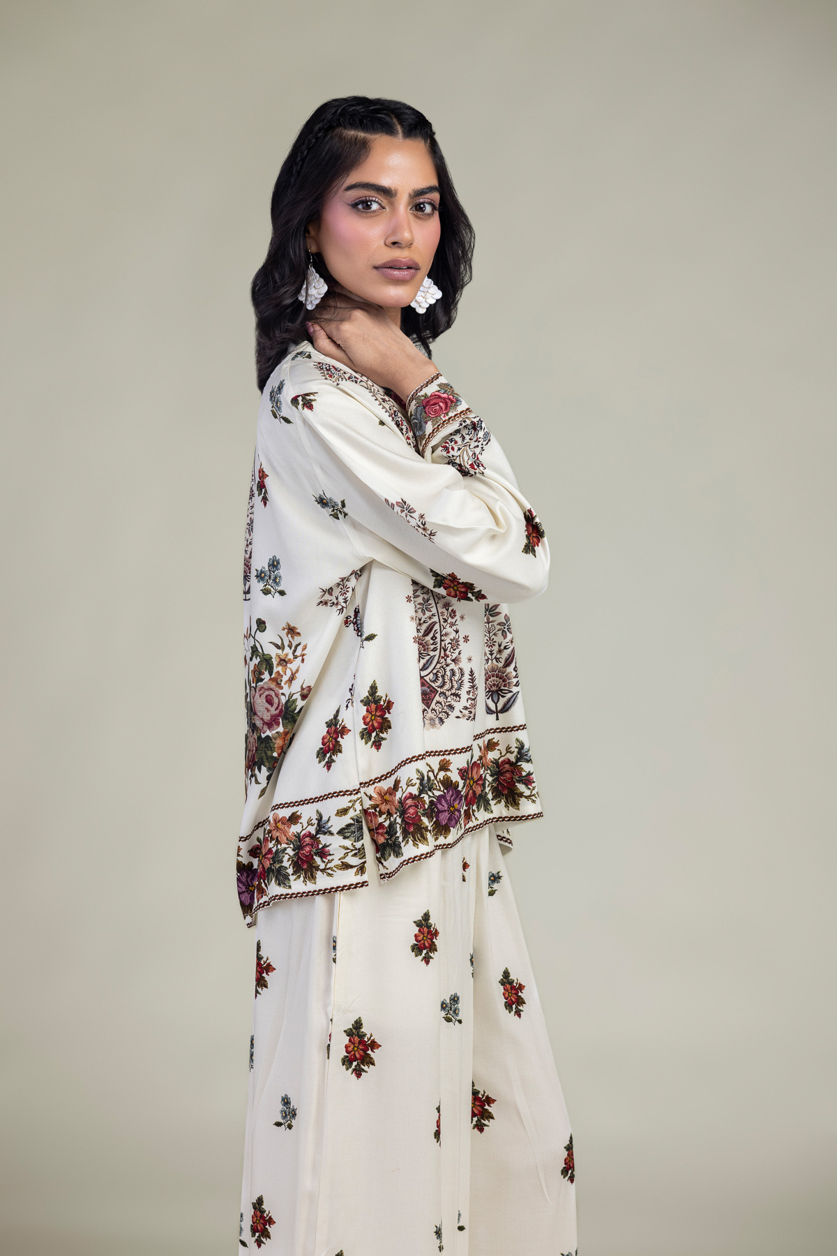 Embroidered Viscose Crepe Floral V-Neck Shirt - 1-26-229-B-F1-VG