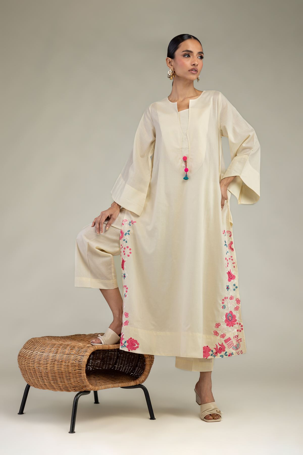 Embroidered Cambric Long Floral Kurta - 1-26-327-A-J1-VG