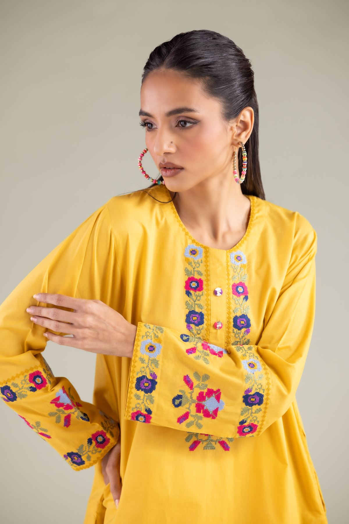 Embroidered Cambric Floral Longline Kurta - 1-26-108-A-F-VG