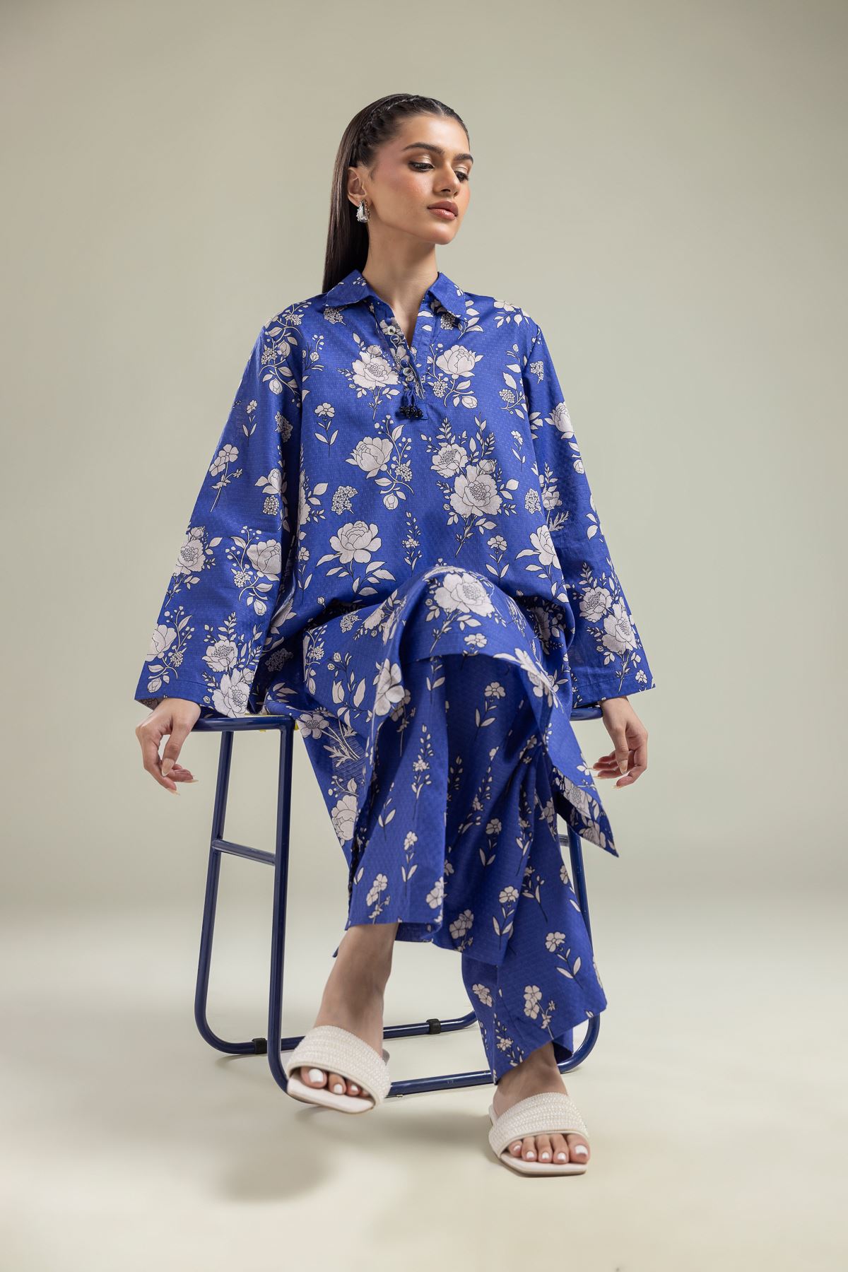 Printed Cotton Dobby Floral Blue Kurta - 1-26-204-A-B2-VG