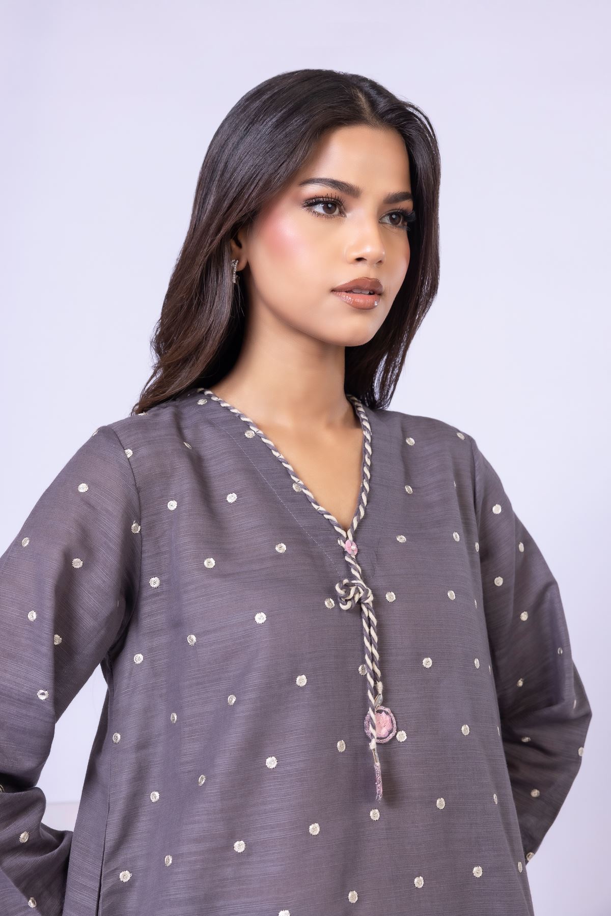 Embroidered Textured Cotton Kurta - 25-09-10E4-10TB-VG