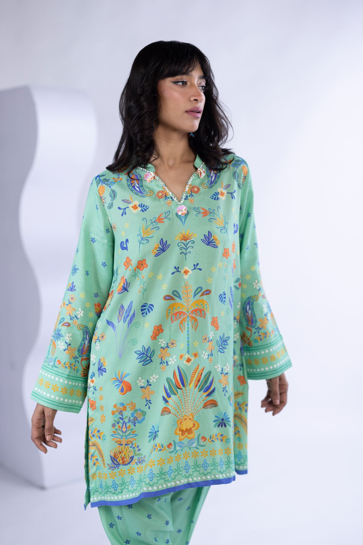 Printed Thai Silk Kurta - 25-09-11W3-02SA-VG