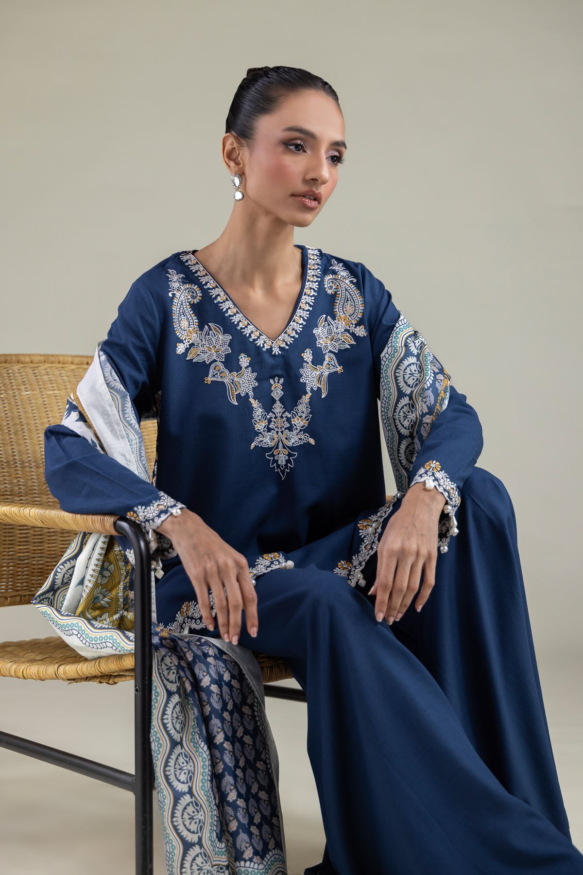 Embroidered Raw Silk Paisley V-Neck Kurta - 1-26-146-A-D-VG