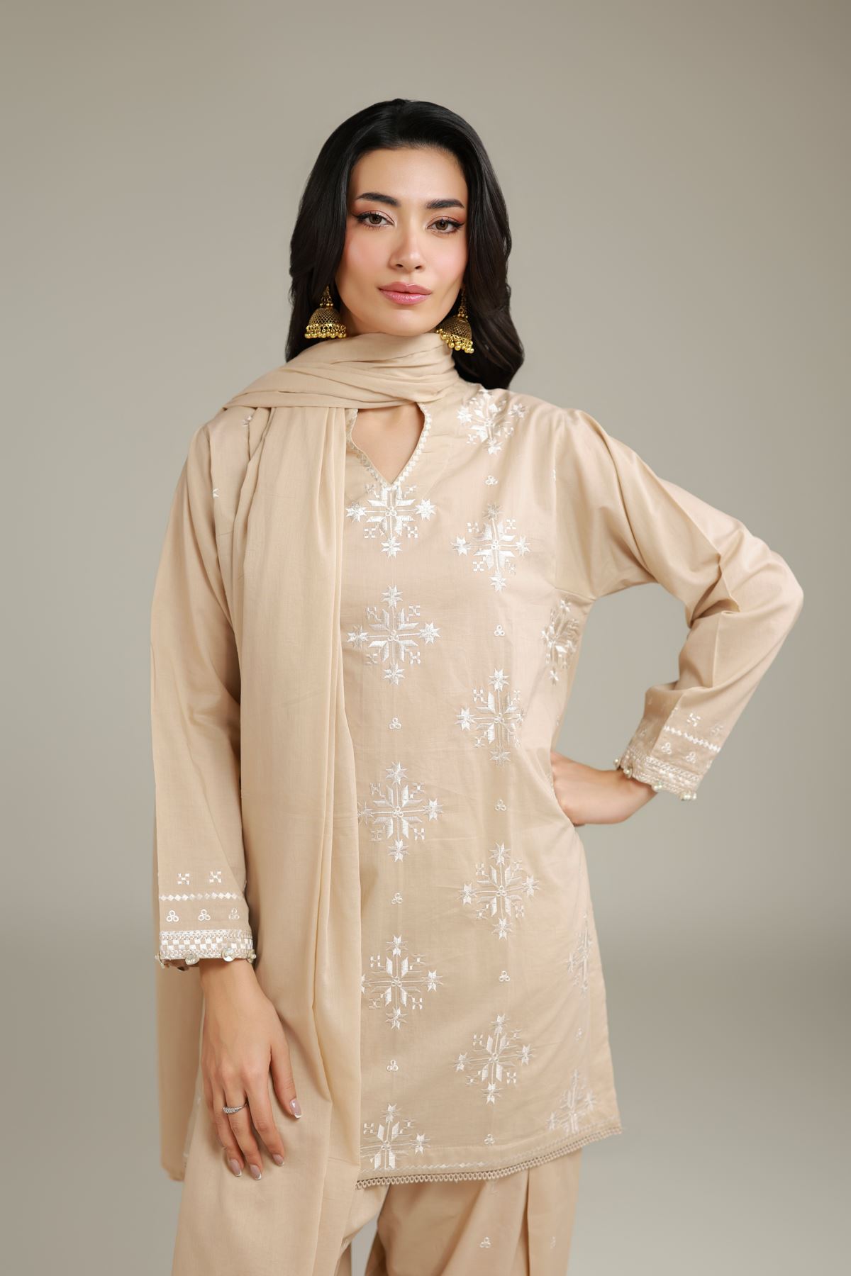Embroidered Lawn Embroidered Beige Dupatta - 1-26-120-A-B-VG