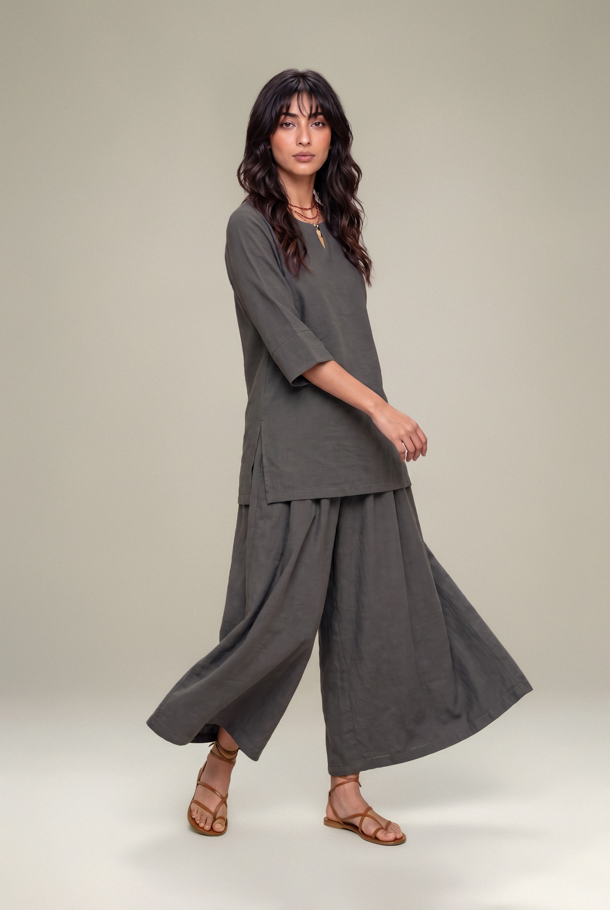 Dyed Textured Georgette Gray Solid Trousers - 8-26-303-A-B1-VG