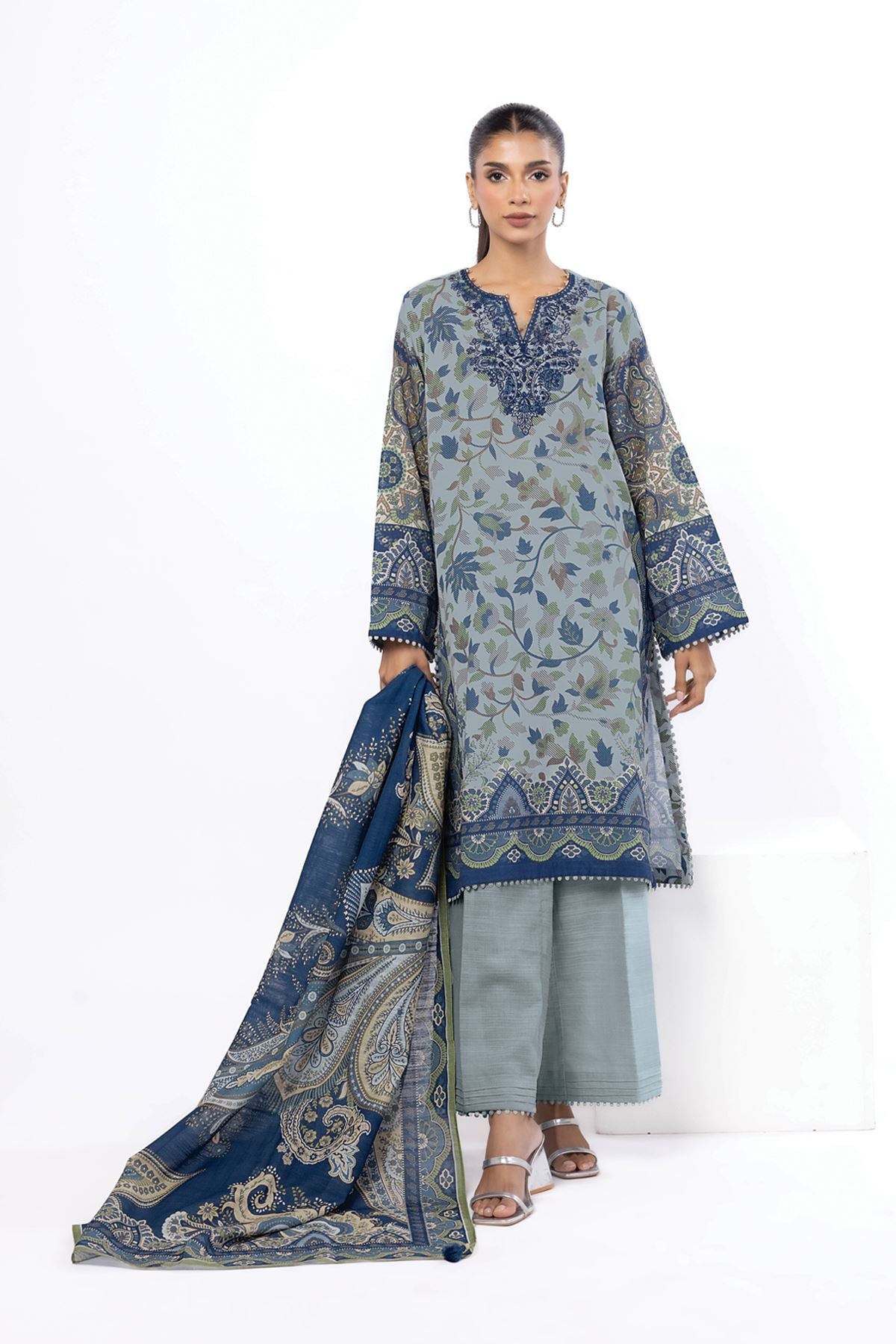 Embroidered Slub Cotton Tailored 3 Piece - CV05AST-VG