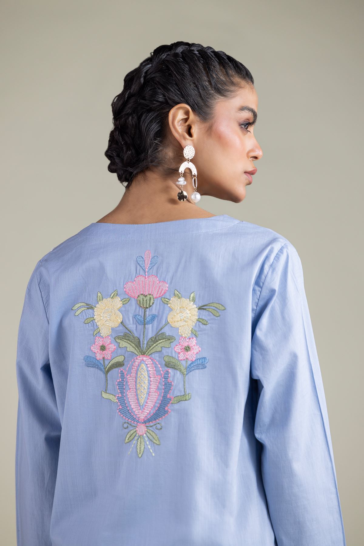 Embroidered Textured Cotton Floral Pearl Kurta - 25-10-12E12-03TA-VG