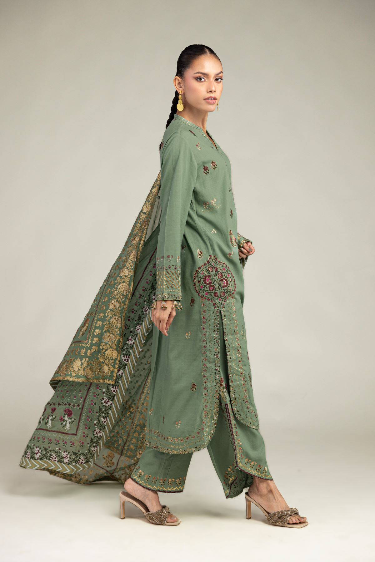Embroidered Raw Silk 3-Piece Co-ords Set - 8-26-304-A-B1-VG