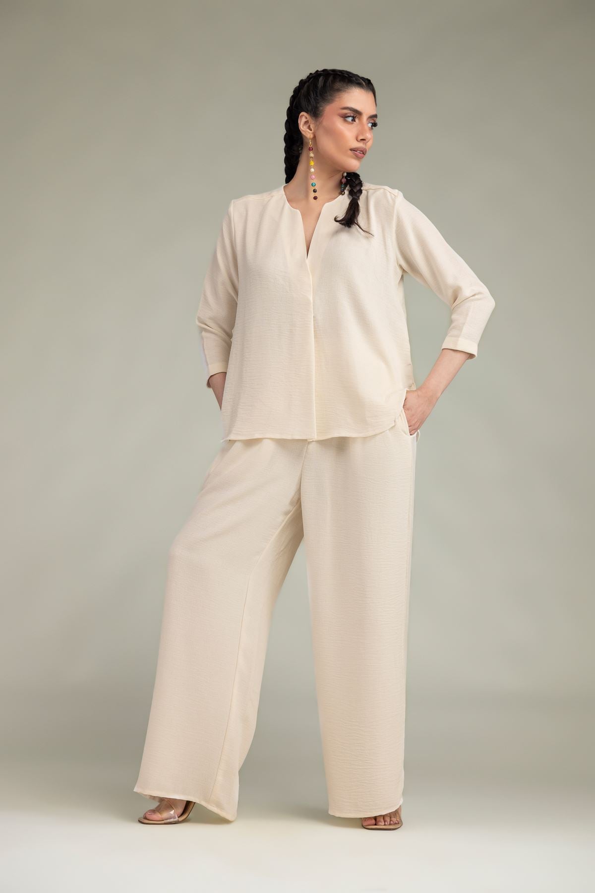 Dyed Crepe Georgette Solid V-Neck Shirt - 6-26-207-B-E1-VG