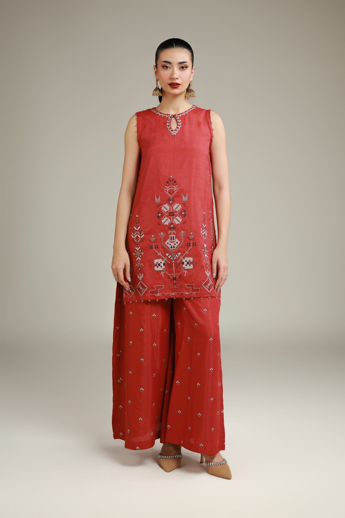 Embroidered Raw Silk Printed Rust Kurta - 1-26-137-A-B-VG