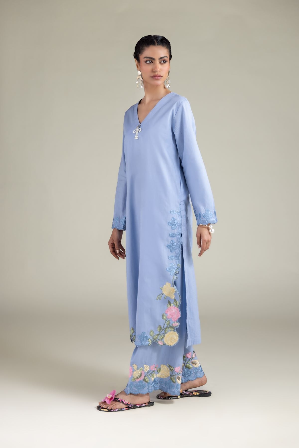 Embroidered Textured Cotton Relaxed Floral Pants - 1-26-108-B-C-VG