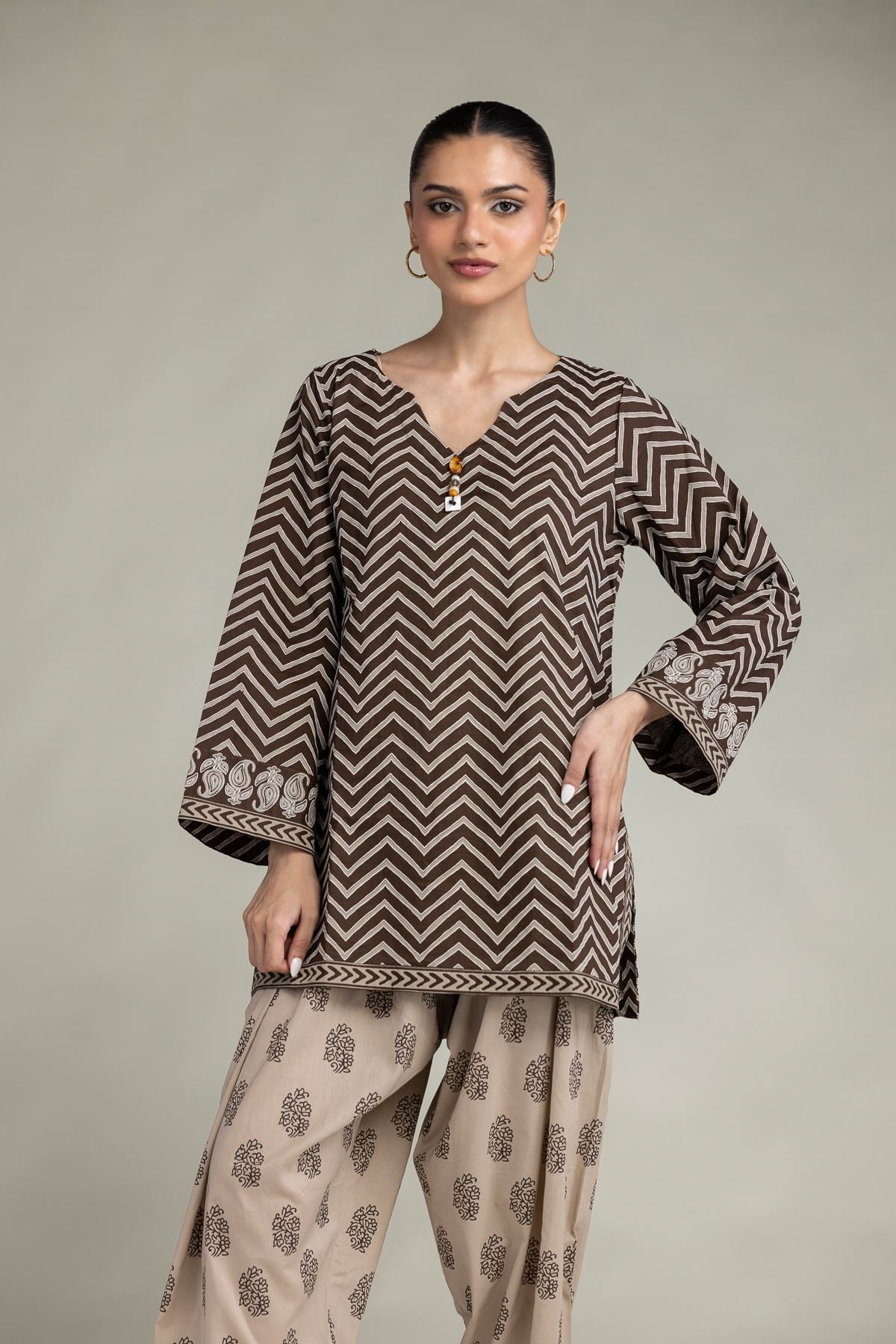 Printed Cambric Brown Short Kurta - 1-26-301-B-I1-VG