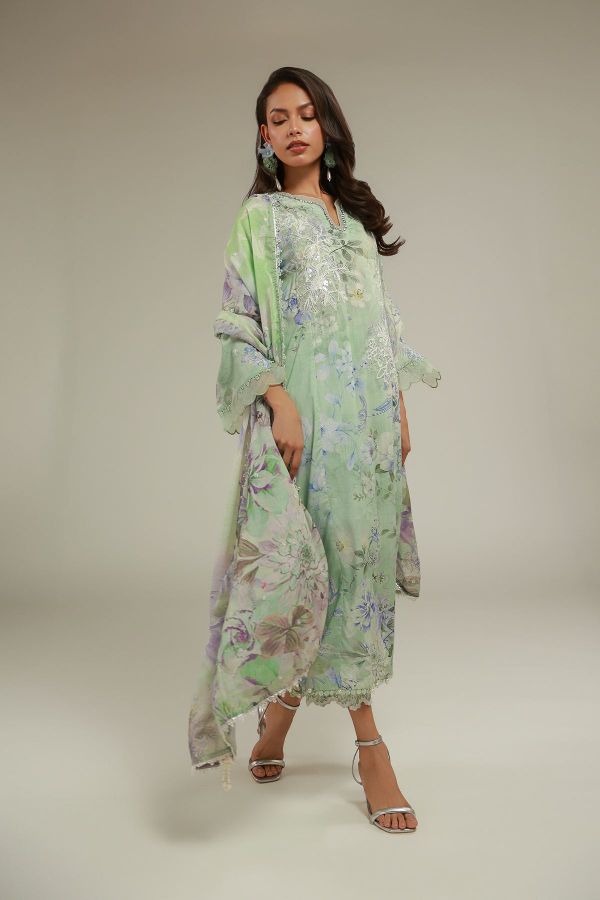Embroidered Raw Silk Floral 3-Piece Set - T-A22-26-113FC1-VG