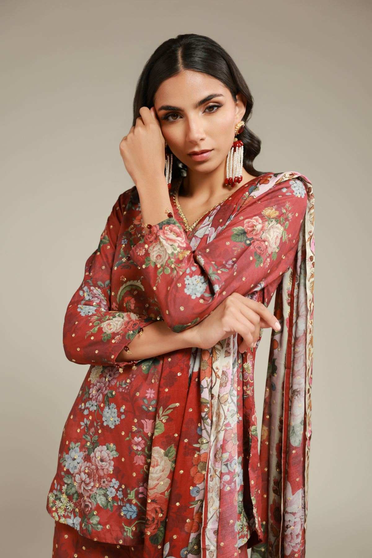 Embroidered Raw Silk 3 Piece Co-ord Set - 25-12-12S4-02TA-VG