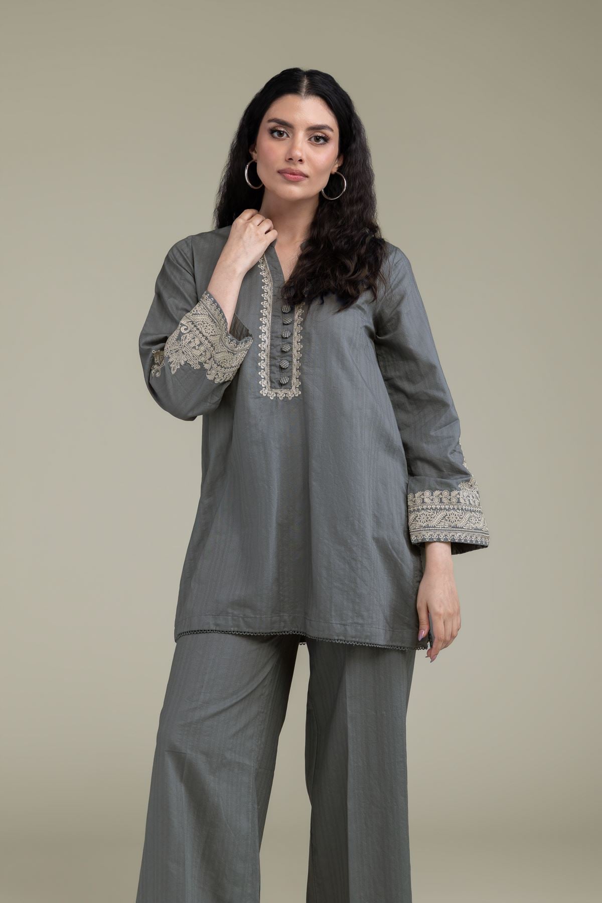 Embroidered Cotton Dobby Gray Cotton Kurta - 1-26-209-A-F1-VG