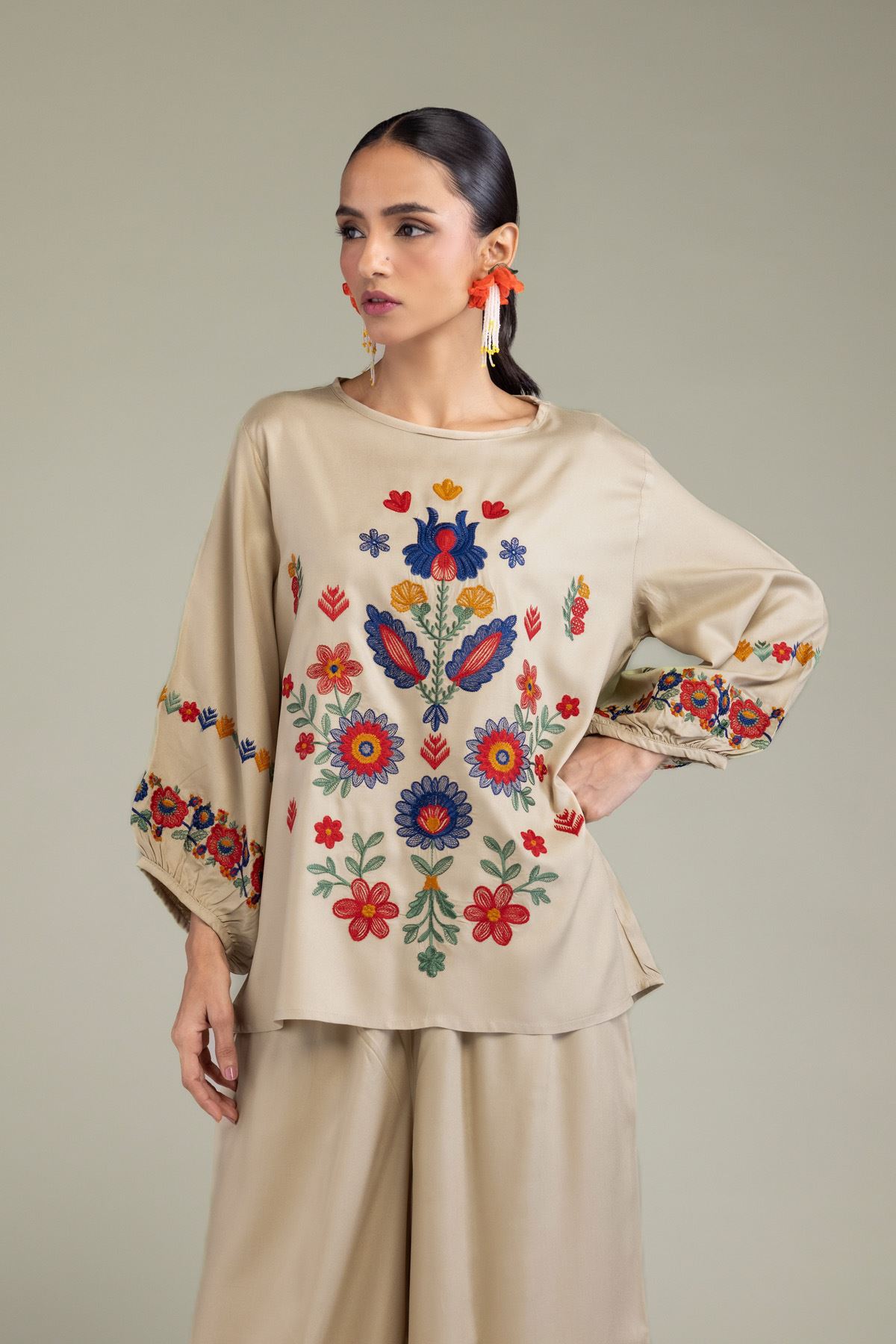 Embroidered Viscose Crepe Floral Beige Blouse - 6-26-202-A-G1-VG