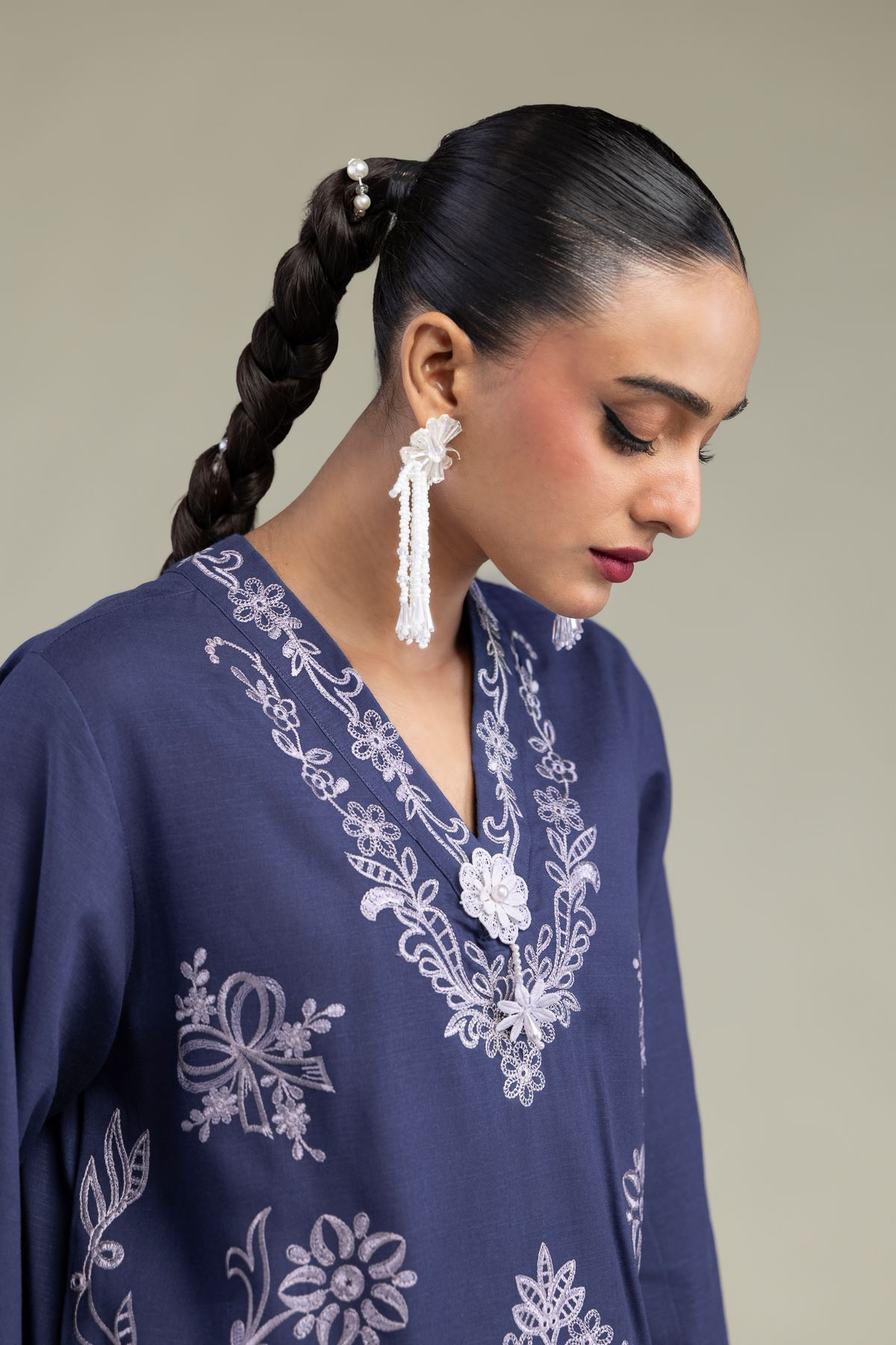 Embroidered Raw Silk Floral V-Neck Kurta - 2-26-302-B-F1-VG