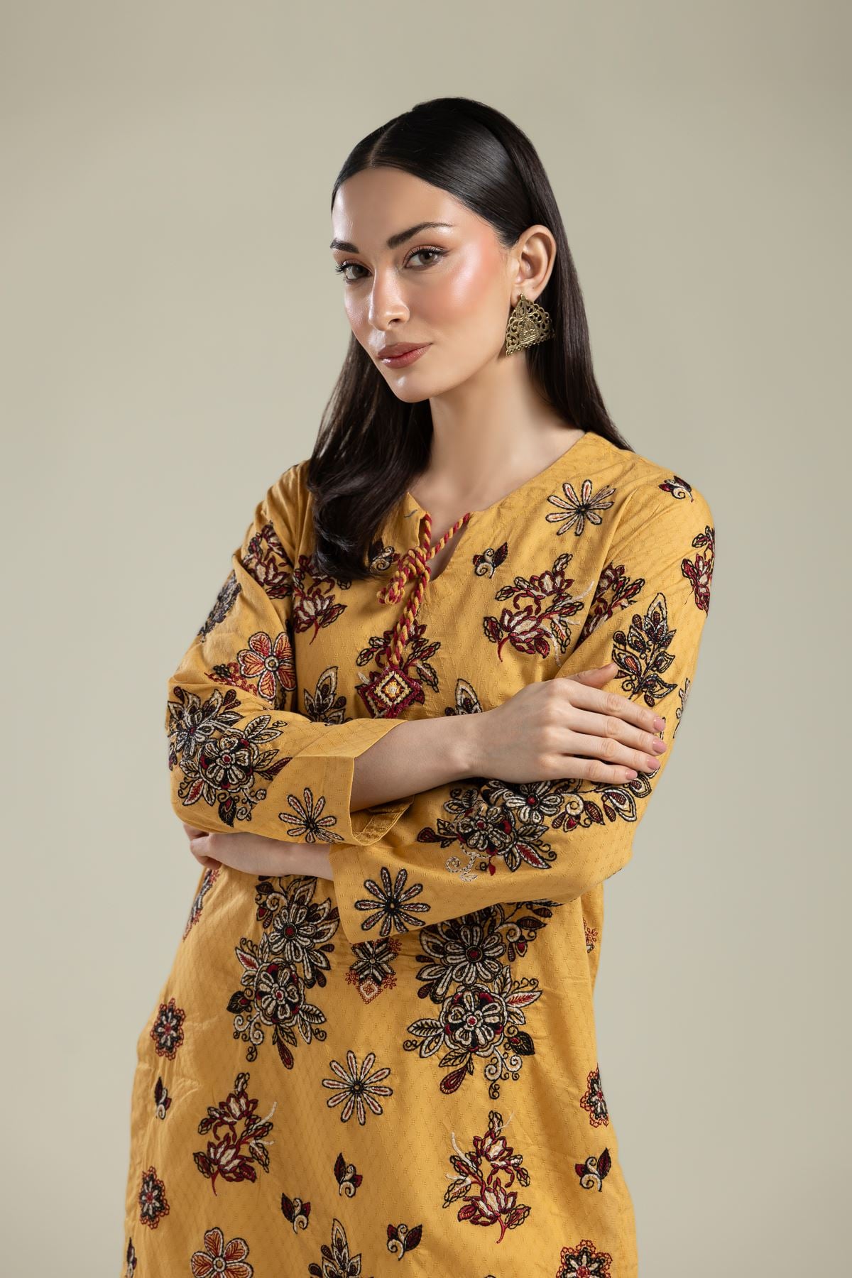 Embroidered Cotton Dobby Floral Mustard Kurta - 26-01-3E2-09TA-VG