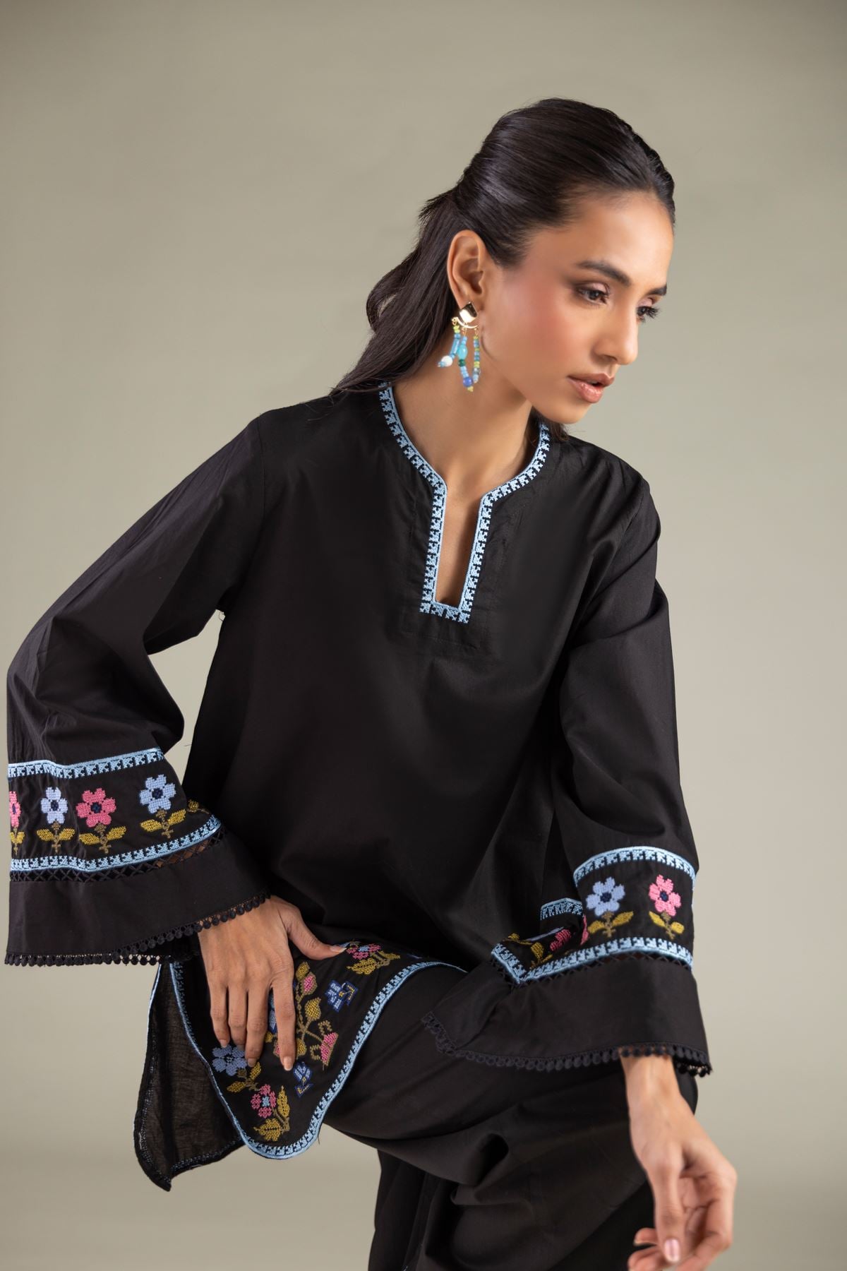 Embroidered Cambric Floral Flared Kurta - 1-26-111-A-F-VG