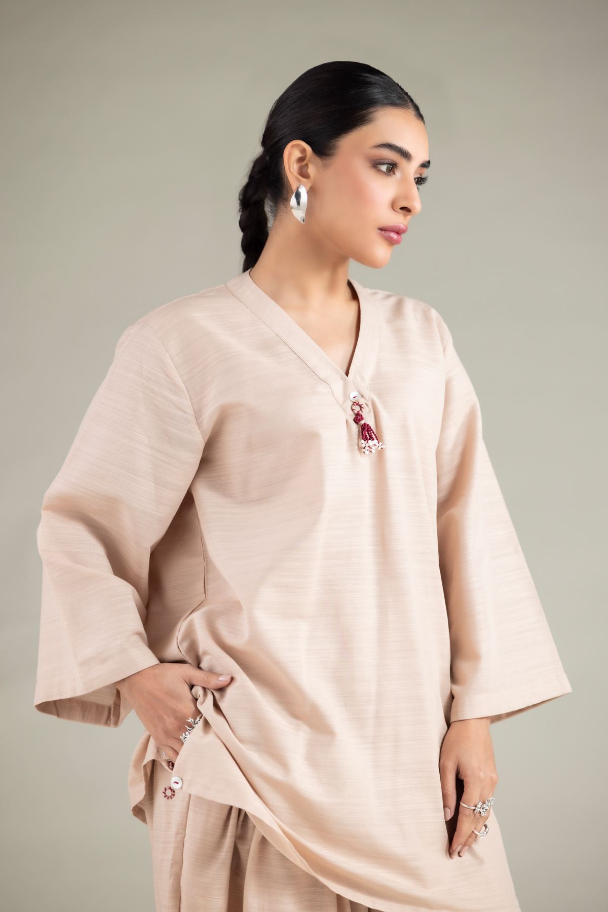 Dyed Textured Cotton V-Neck Tassel Kurta - 1-26-125-B-F-VG