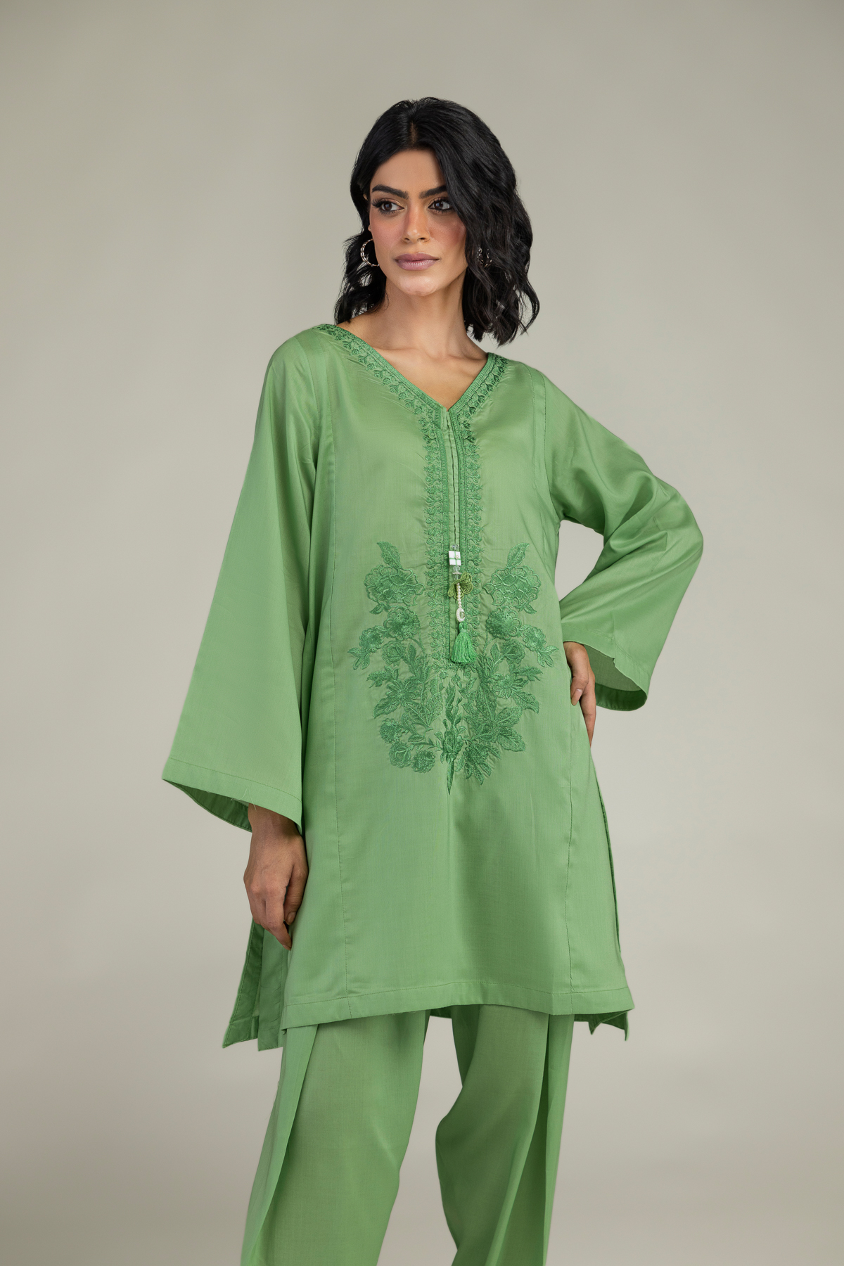Embroidered Lyocell Green V-Neck Kurta - 8-26-208-A-A1-VG