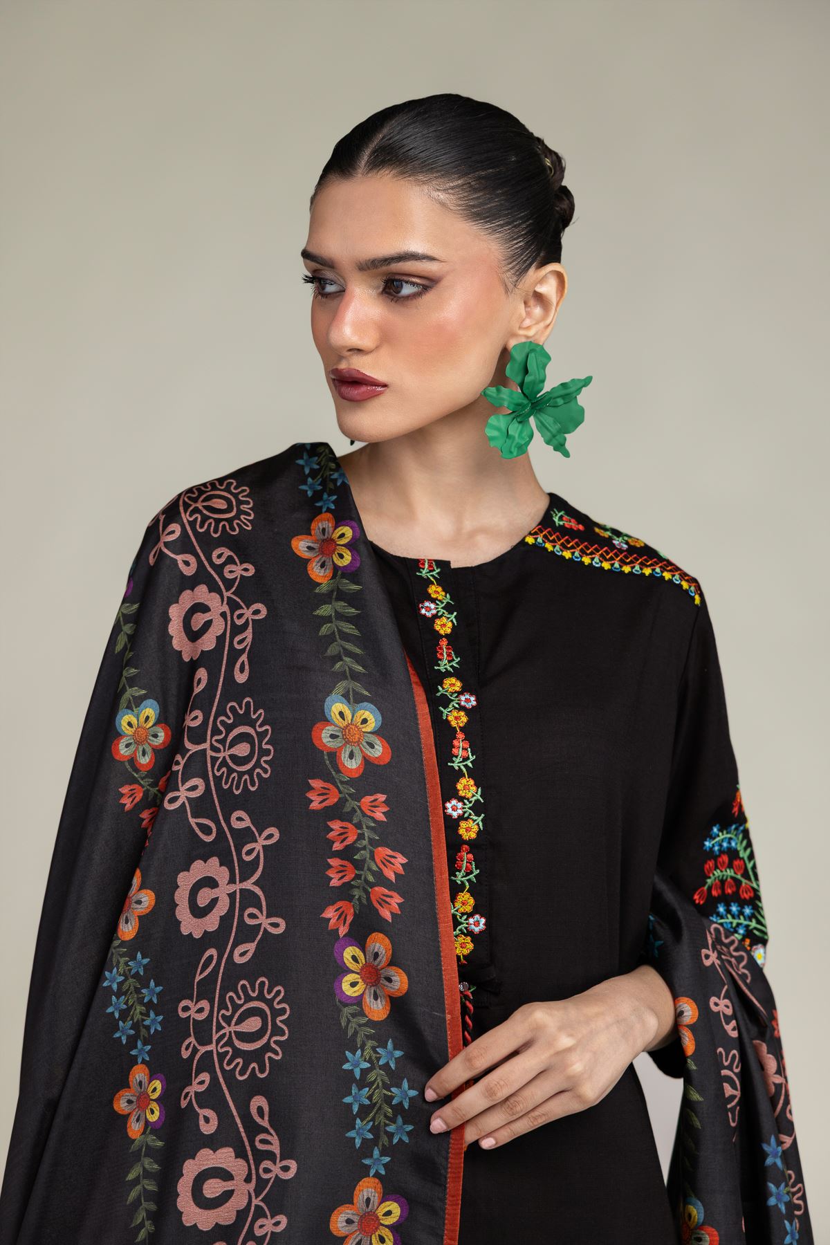 Embroidered Polyester Silk Floral Black Dupatta - 1-26-203-A-G1-VG