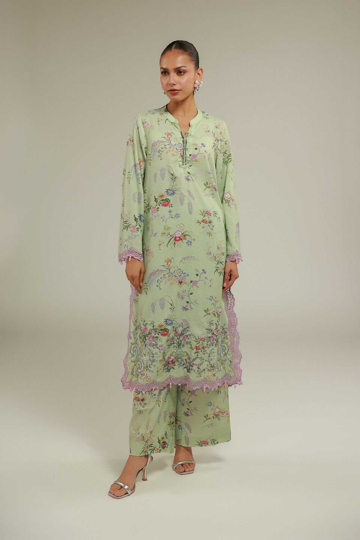 Embroidered Raw Silk Floral Longline Kurta - 25-00-X2-08TB-VG