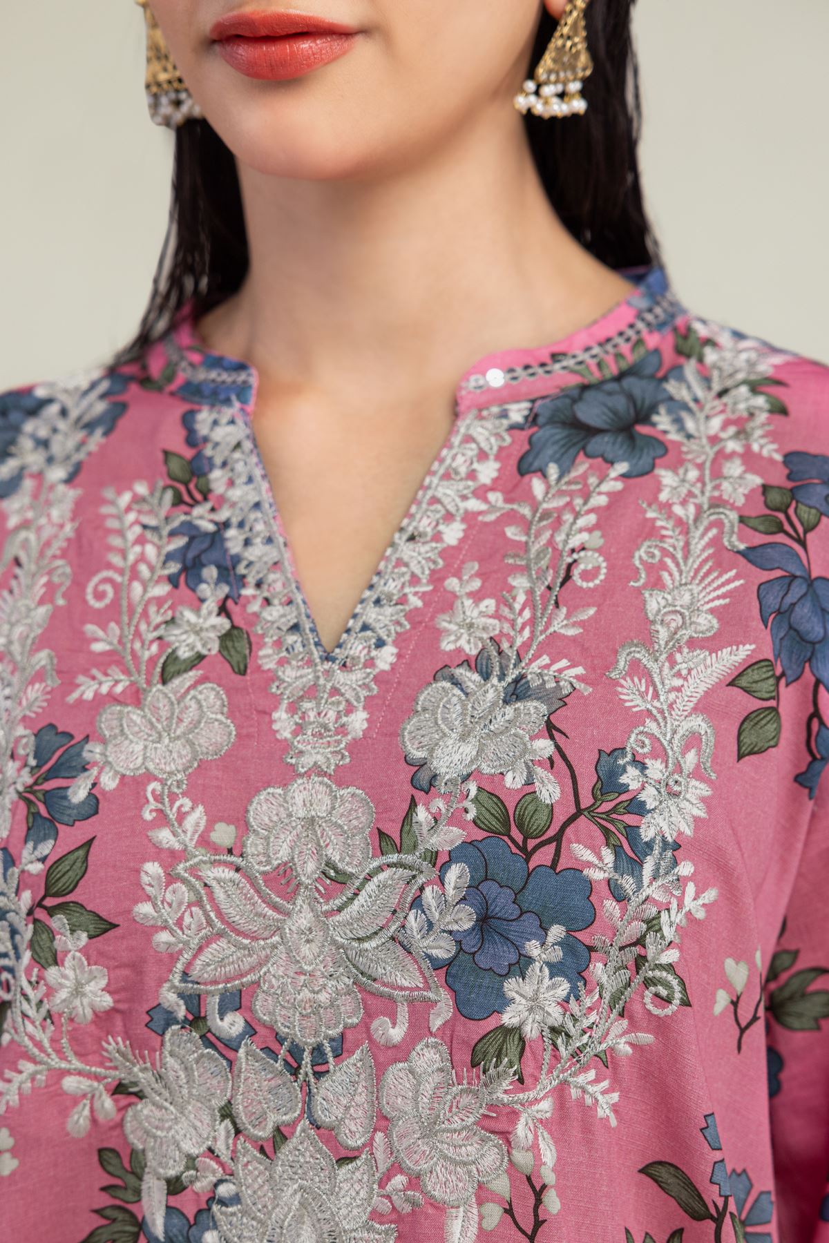 Embroidered Raw Silk Floral V-Neck Kurta - 1-26-325-B-G2-VG