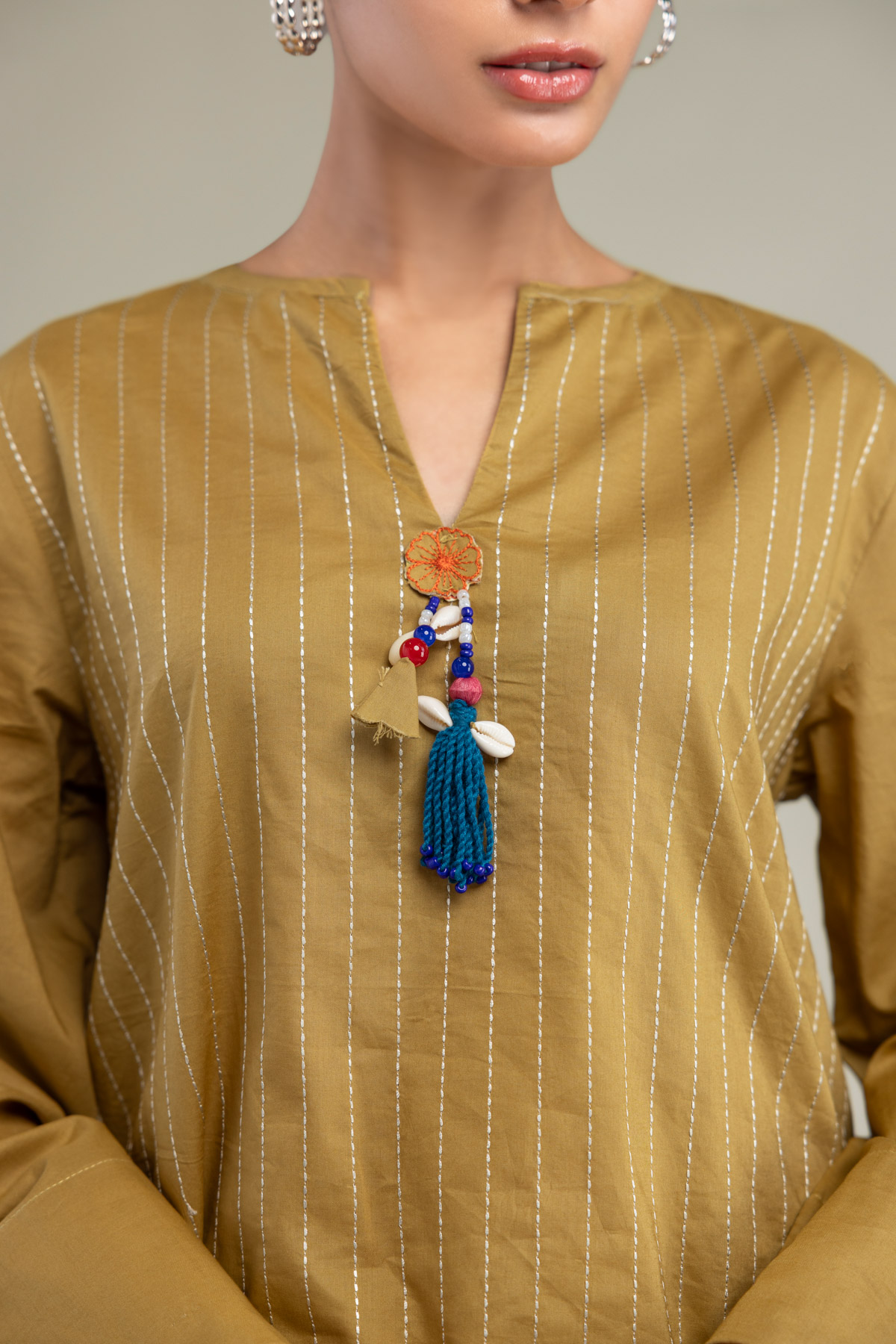 Embroidered Cambric Mustard V‑Neck Tunic - 1-26-102-A-F-VG