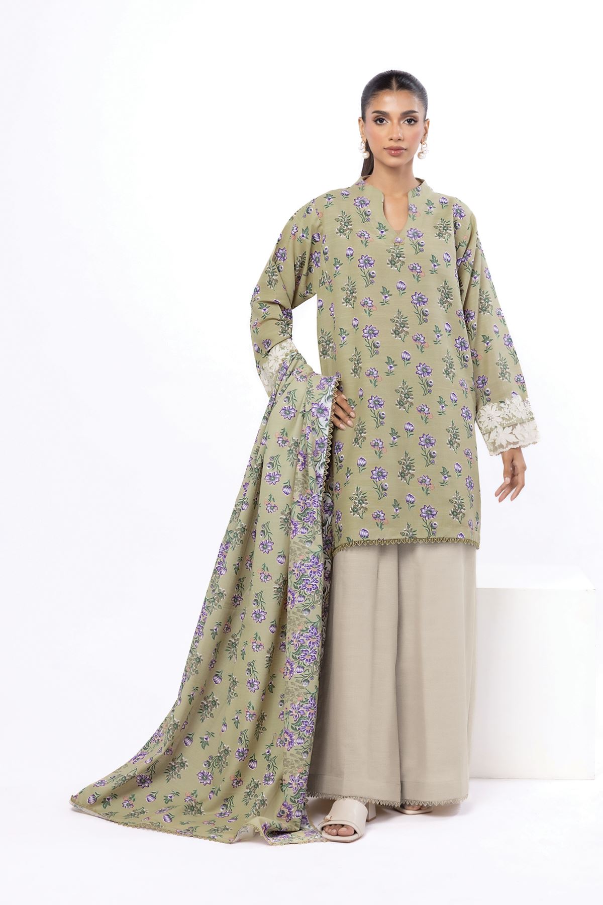Embroidered Slub Cotton Tailored 3 Piece - KN31AST-VG