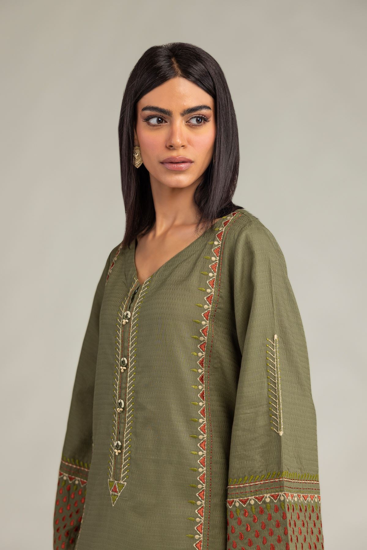 Embroidered Cotton Dobby Olive V-Neck Kurta - T-A33-26-207FD1-VG
