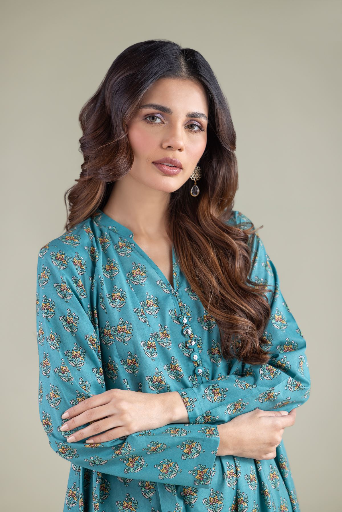 Printed Cambric Floral V-Neck Kurta - 1-26-140-A-H-VG