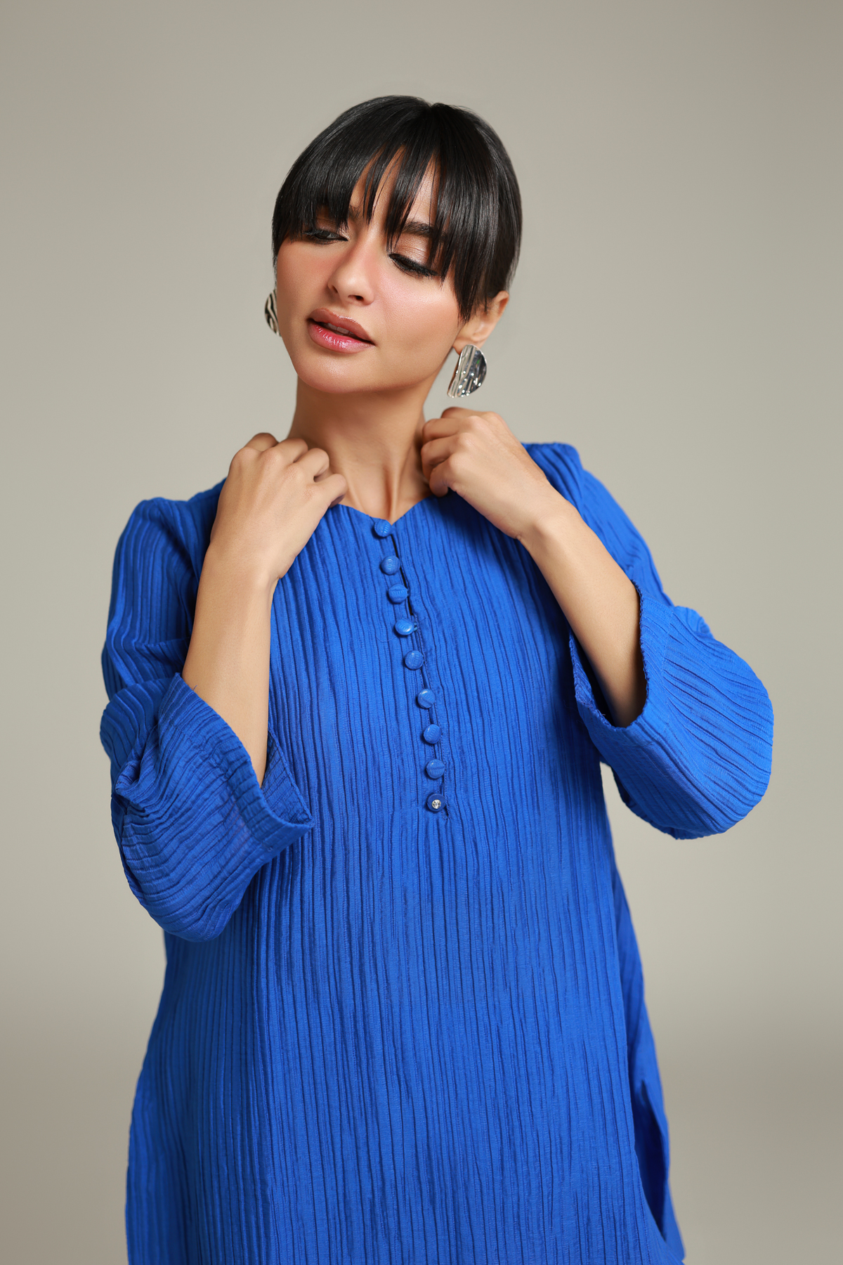 Dyed Blended Crinkle Short Blue Kurta - T-A112-26-103EF2-VG