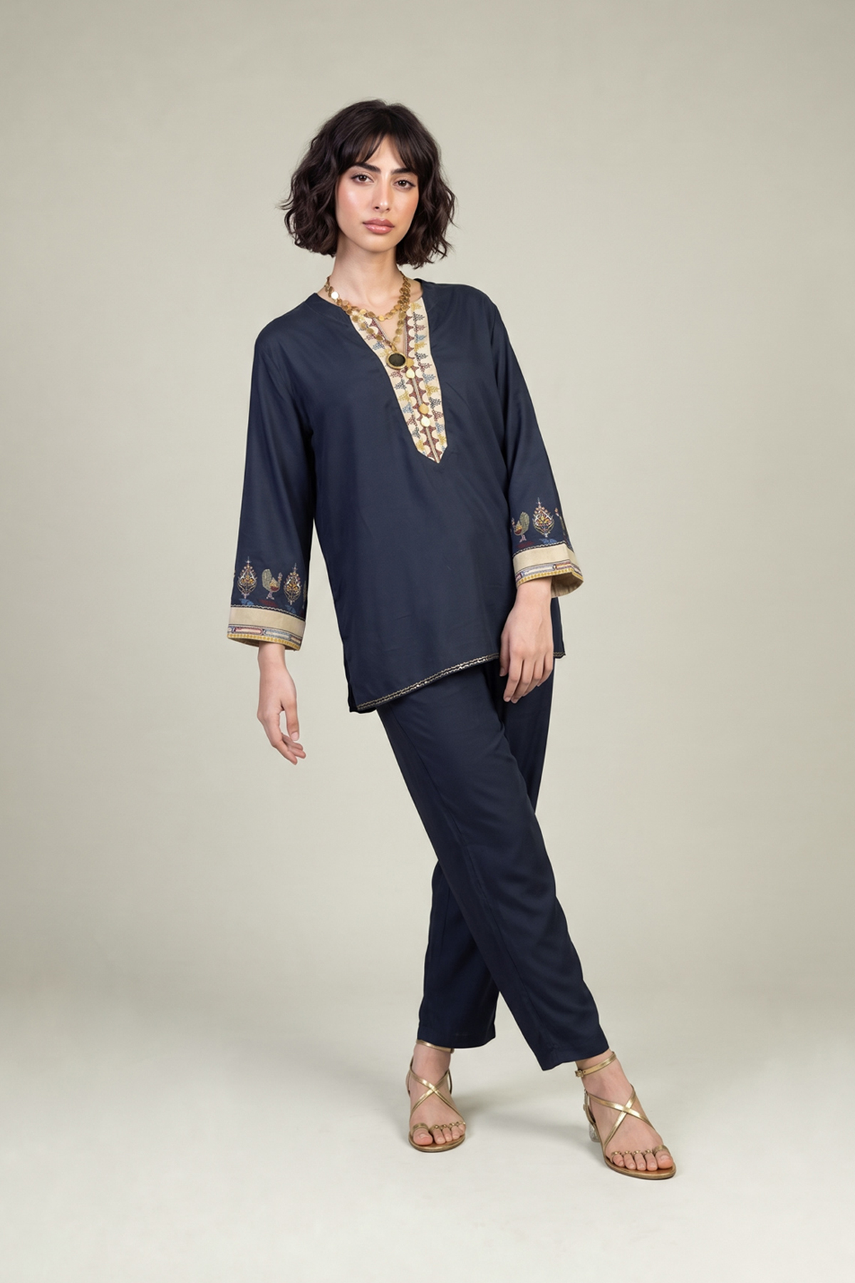 Embroidered Viscose Crepe Navy Crepe Trousers - 1-26-102-A-F-VG