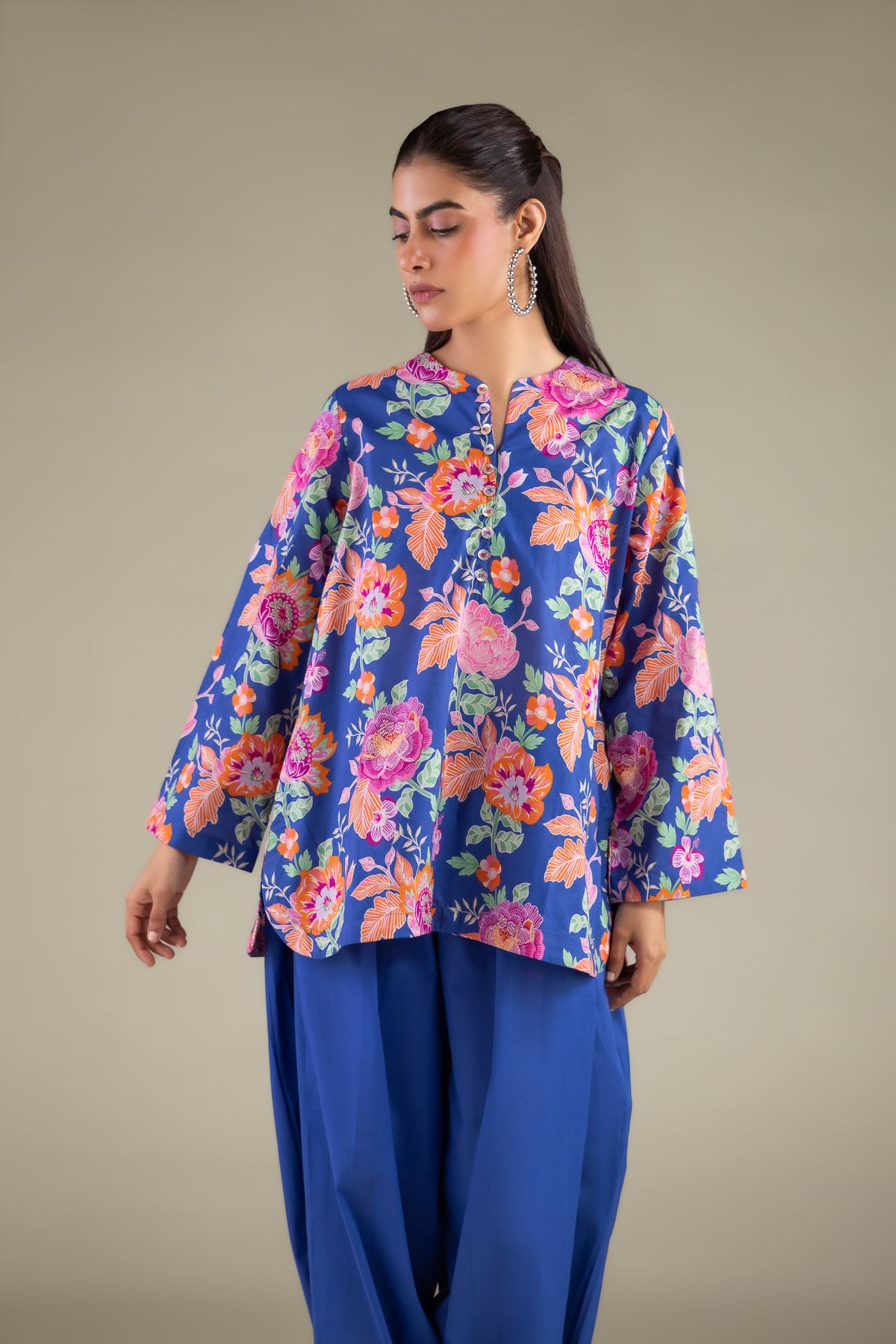 Printed Cambric Floral Button Kurta - 1-26-108-A-F-VG