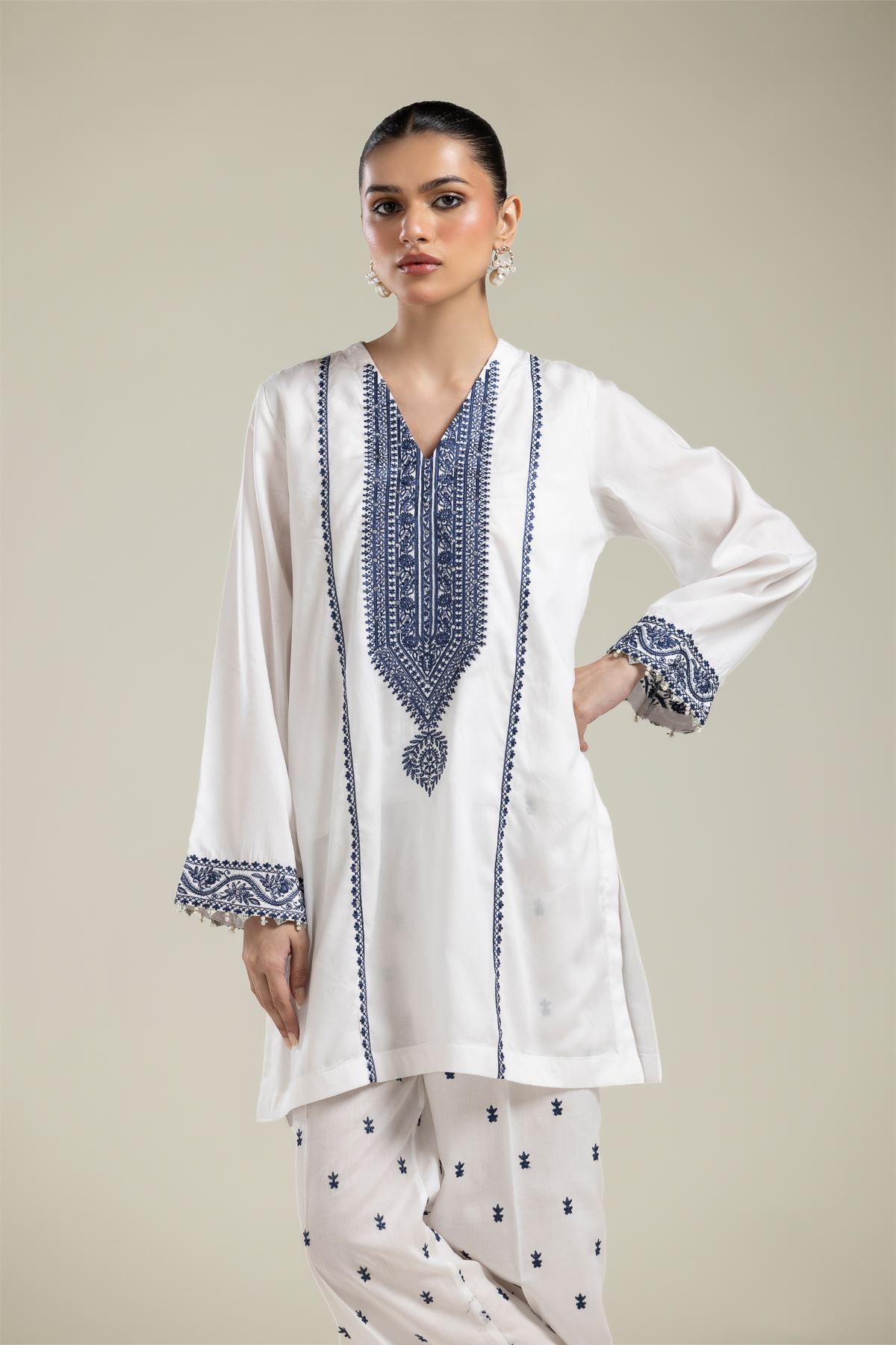 Embroidered Textured Weave White Embroidered Kurta - 1-26-106-A-A-VG