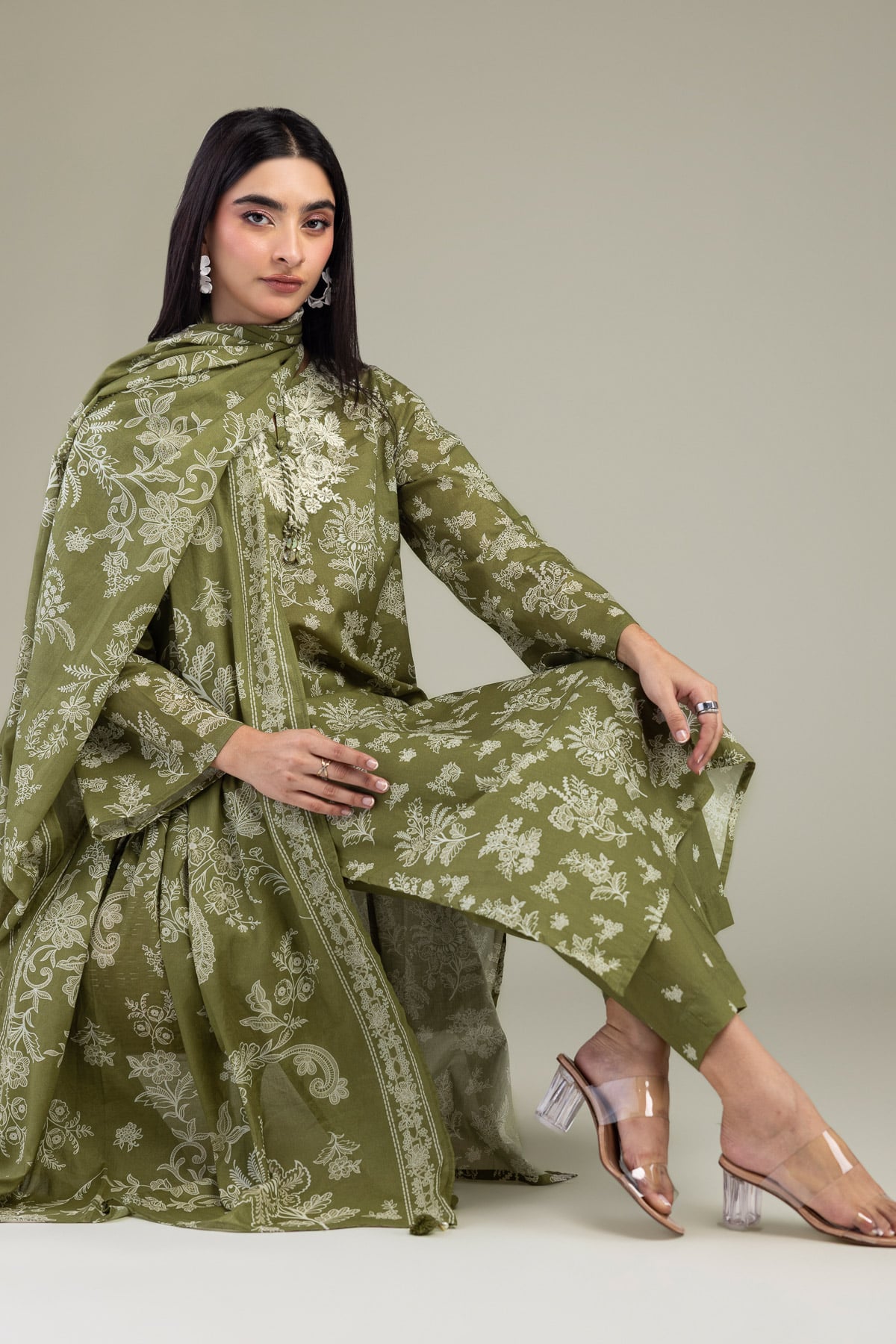 Embroidered Cambric Olive Longline Kurta - 1-26-102-A-F-VG